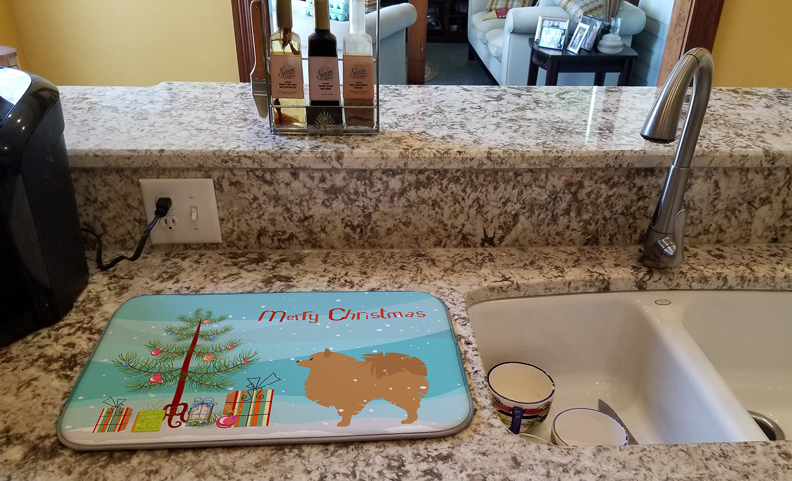Pomeranian Christmas Dish Drying Mat - Absorbent Kitchen Counter Mat for Holiday Decor