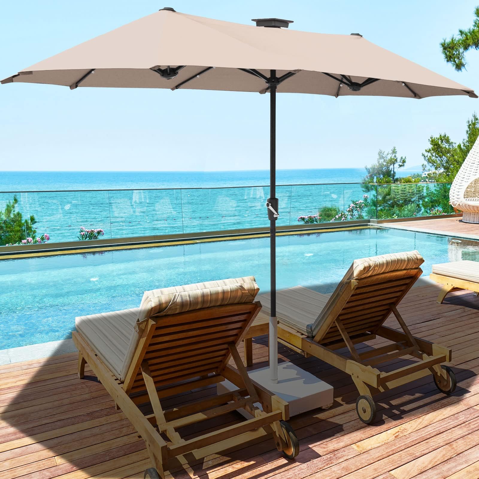FREE SOLDIER 13ft Solar LED Patio Umbrella with 36 Lights - Double-Sided Outdoor Cantilever Umbrella for Garden, Yard, Poolside - Beige Waterproof Sun Shade for Relaxing & Outdoor Dining