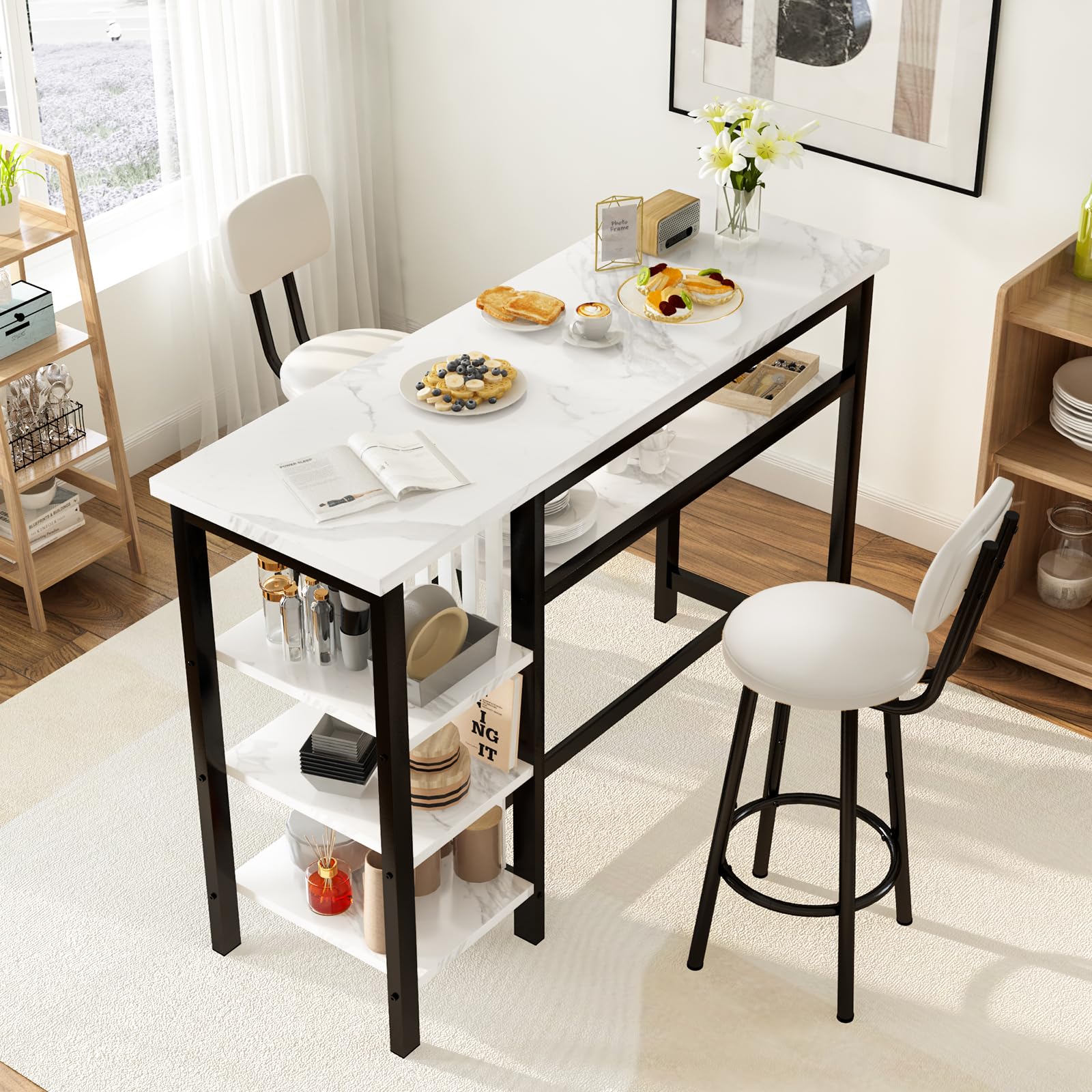 Modern 5-Tier Compact Kitchen Bar Height Table & 2 Chairs Set - White Faux Marble Top with Black PU Leather Upholstered Seats - Space-Saving Dining Set for Small Apartments, Breakfast Nooks & Home Offices