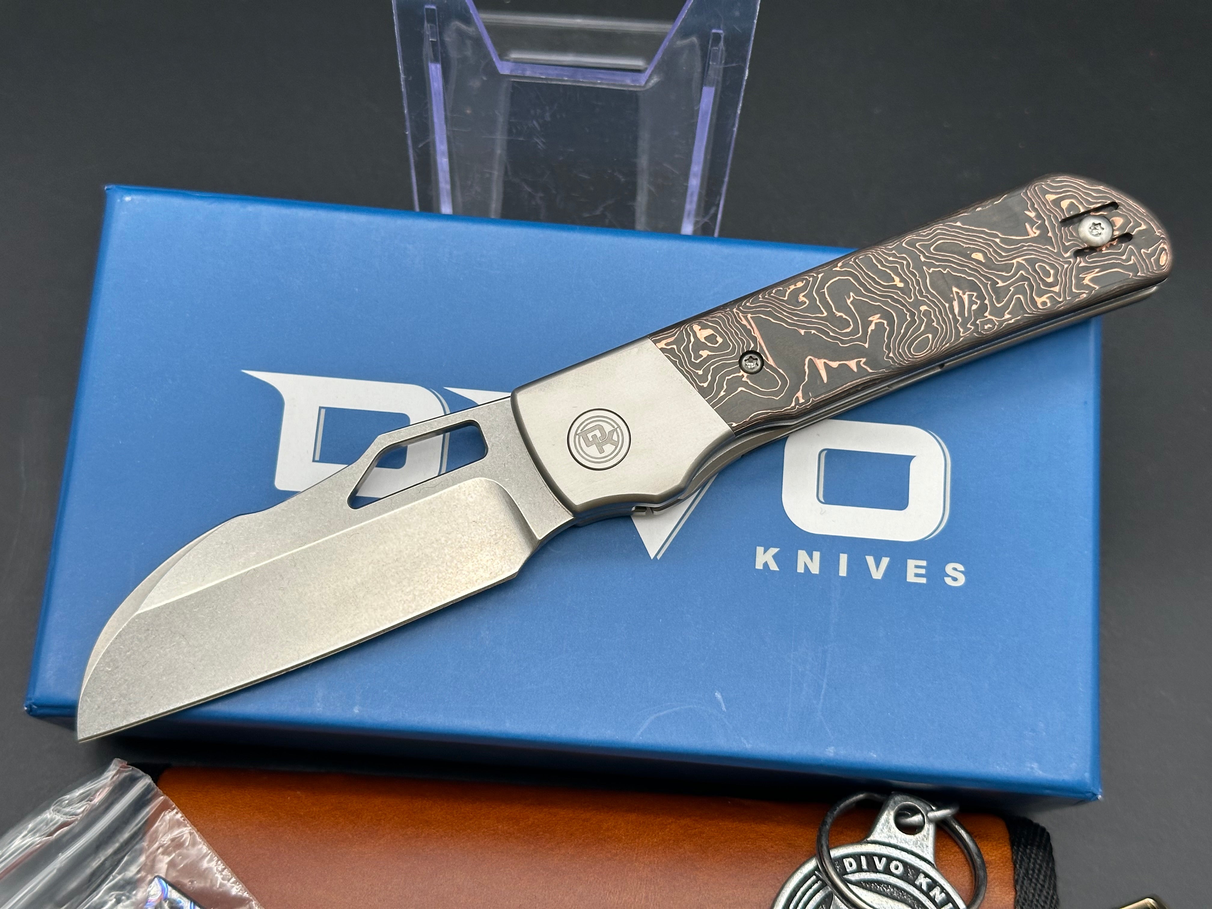 Premium Divo Knives Stout Folding Knife - Copper & Carbon Fiber Scales, Titanium Frame, 20CV Steel Blade, Timascus Back Spacer - EDC, Outdoor, Camping, Survival Gear