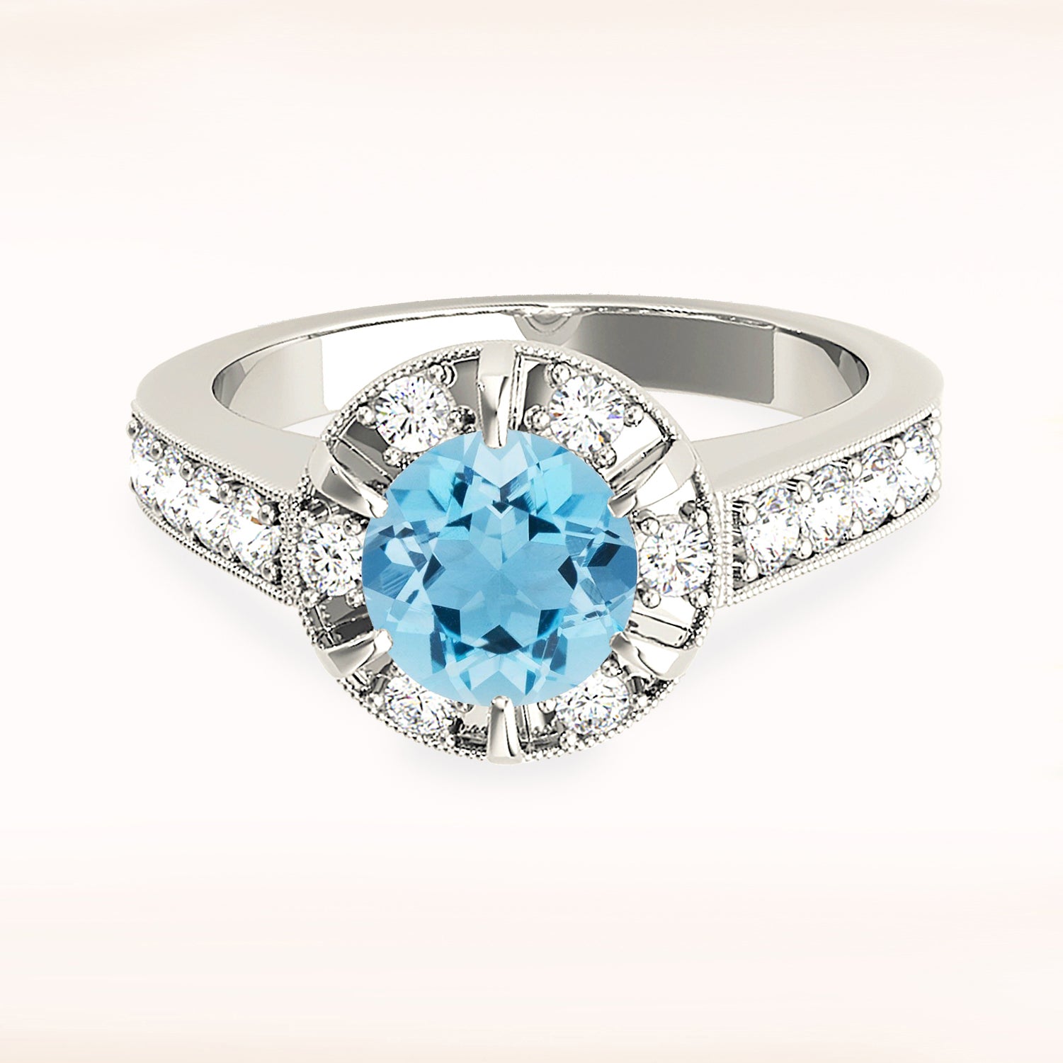 1.65 Carat Genuine Aquamarine Halo Ring with Milgrain Diamond Band - Elegant Birthstone Jewelry for Women, Perfect for Engagement, Anniversary & Special Occasions