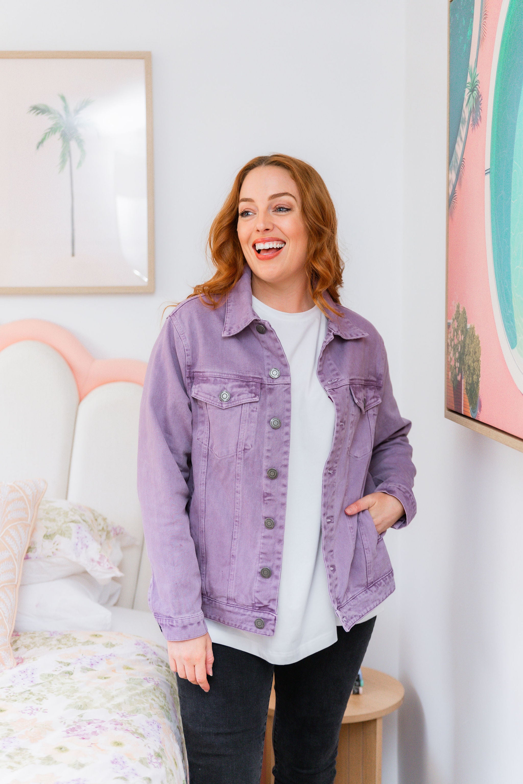 Hayden Boyfriend Denim Jacket in Washed Purple | Vintage Style Women's Distressed Denim Jacket | Perfect for Casual Outfits, Streetwear & Fall Layering
