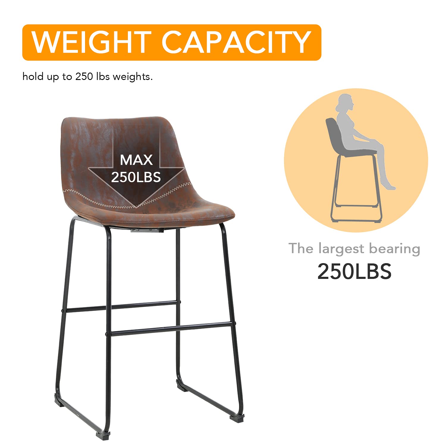 Premium Genuine Leather Dining Chairs Set of 2 - Modern Kitchen Counter Stools with Back Support 19x19x37 Inches - Perfect for Home Office, Breakfast Bar & Kitchen Island (Brown)