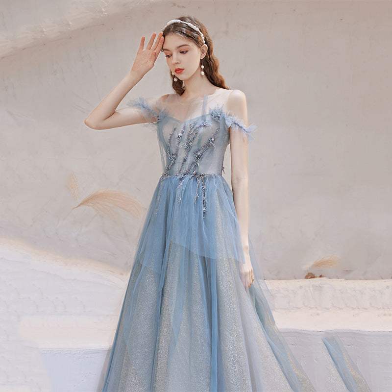Light Blue Off Shoulder Tulle Prom Dress - A-Line Formal Party Gown for Homecoming, Wedding & Evening Events