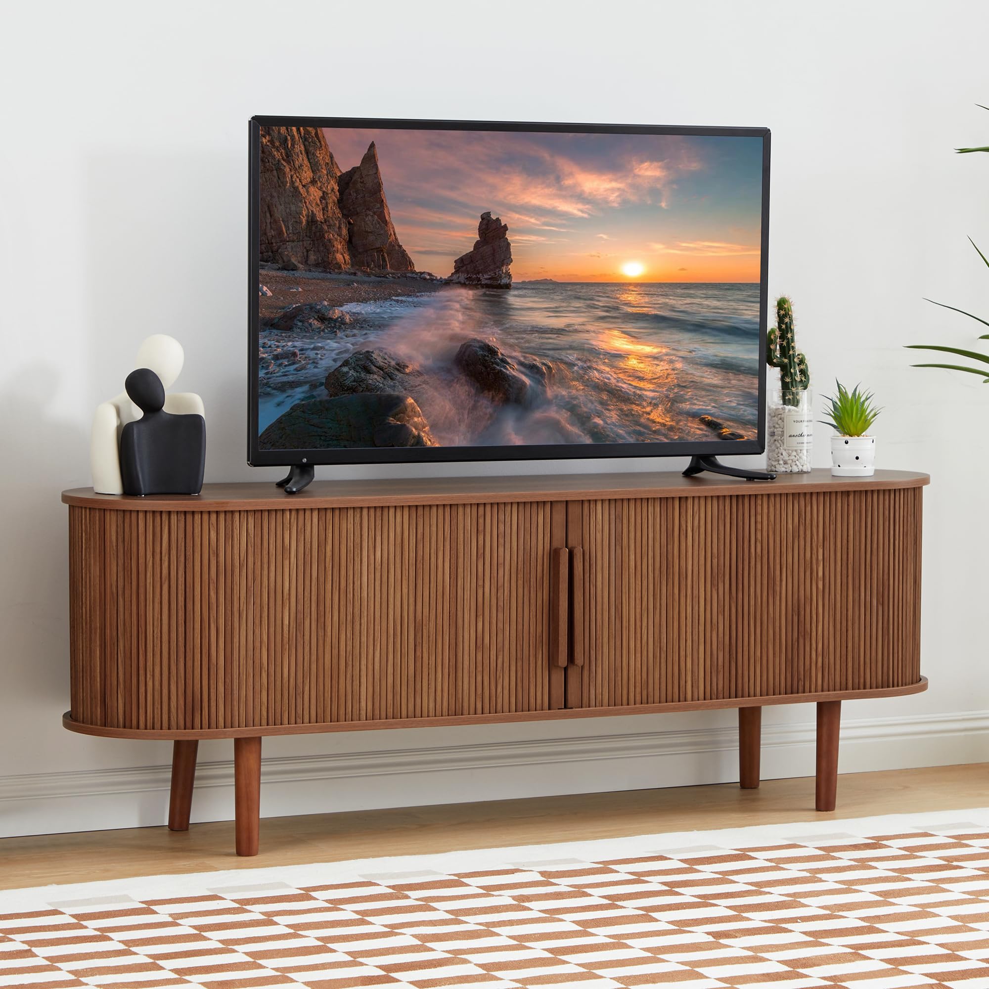 Modern Walnut TV Stand with Storage Compartment & Sliding Doors - Entertainment Center Console Table for Living Room, Bedroom, Office - Perfect for Gaming Setup & Media Organization