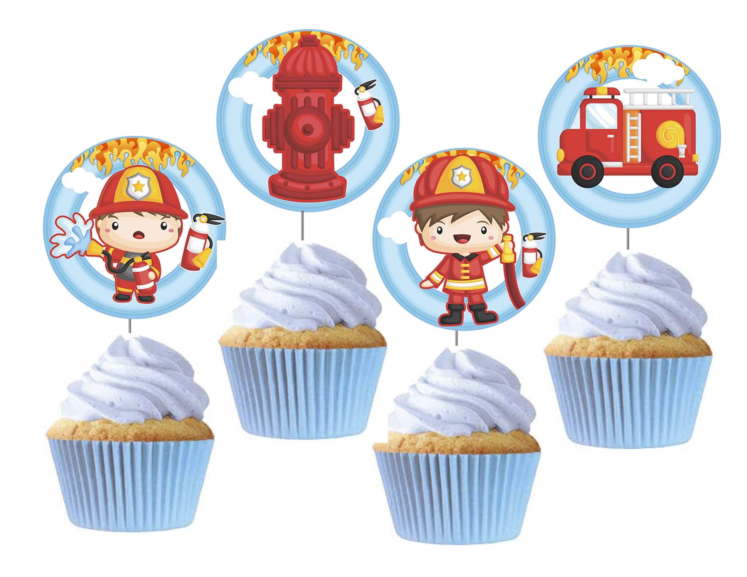 12PCS Firefighter Cupcake Toppers - Fire Truck Cake Decorations for Baby Showers, Rescue Themed Birthday Parties & Fireman Celebration Supplies | Perfect for Kids' Birthday Cakes, Gender Reveals & Fire Safety Events