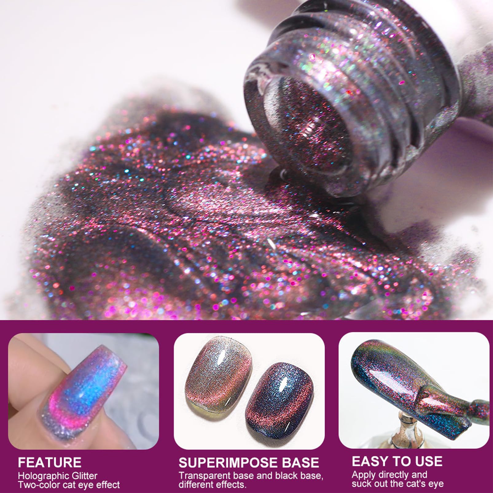 Holographic Cat Eye Gel Nail Polish - Rainbow Glitter UV/LED Reflective Nail Polish for Women & Girls (15ml) | Sparkly Purple Blue Nail Art Gel for Manicures, Parties & Special Occasions