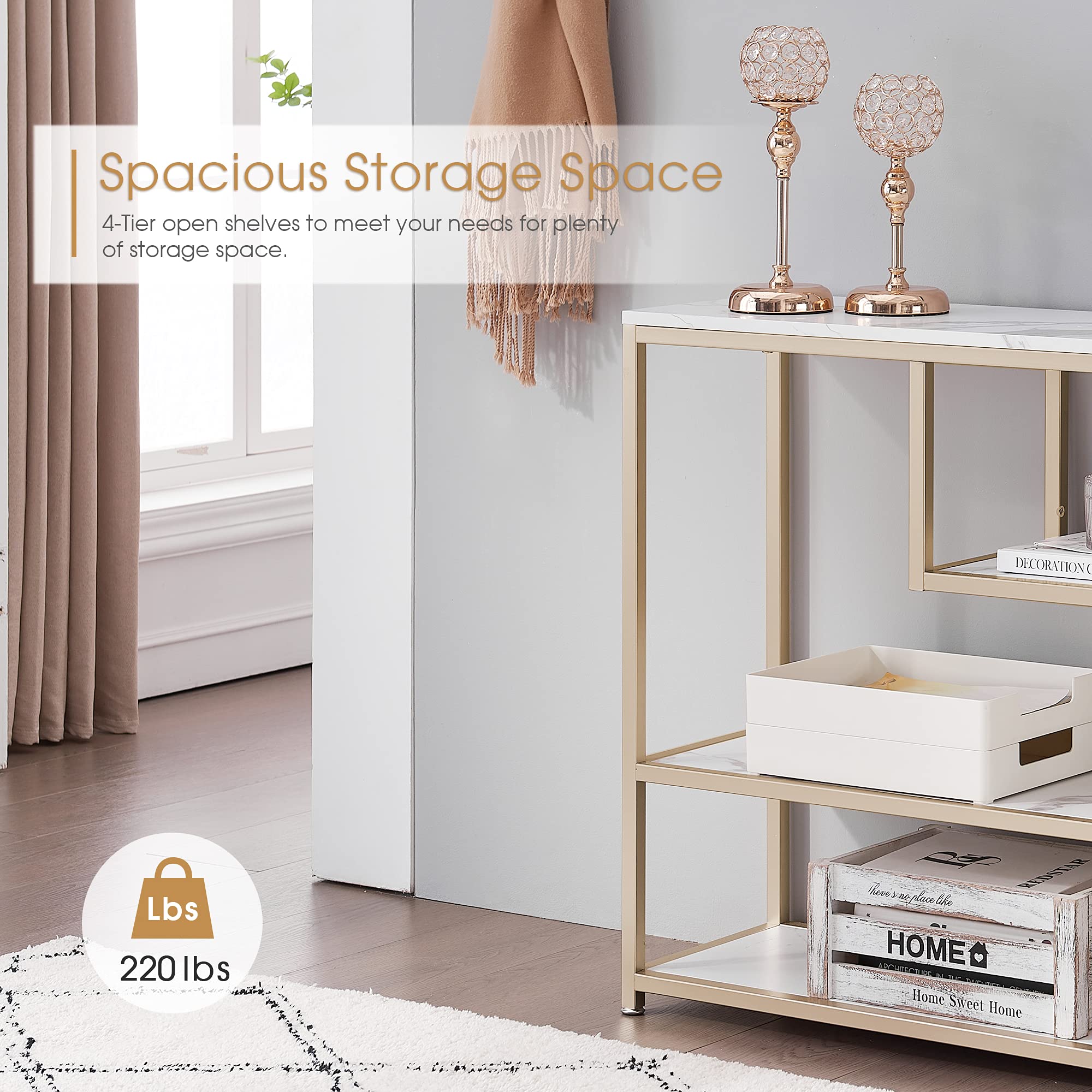 Ivinta 3-Tier Console Table with Storage - White & Gold Entryway Table with Shelves, Narrow Sofa Table for Living Room, Hallway, Bedroom - Faux Marble Veneer Accent Table - Perfect for Small Spaces, Entryway Decor & Living Room Organization