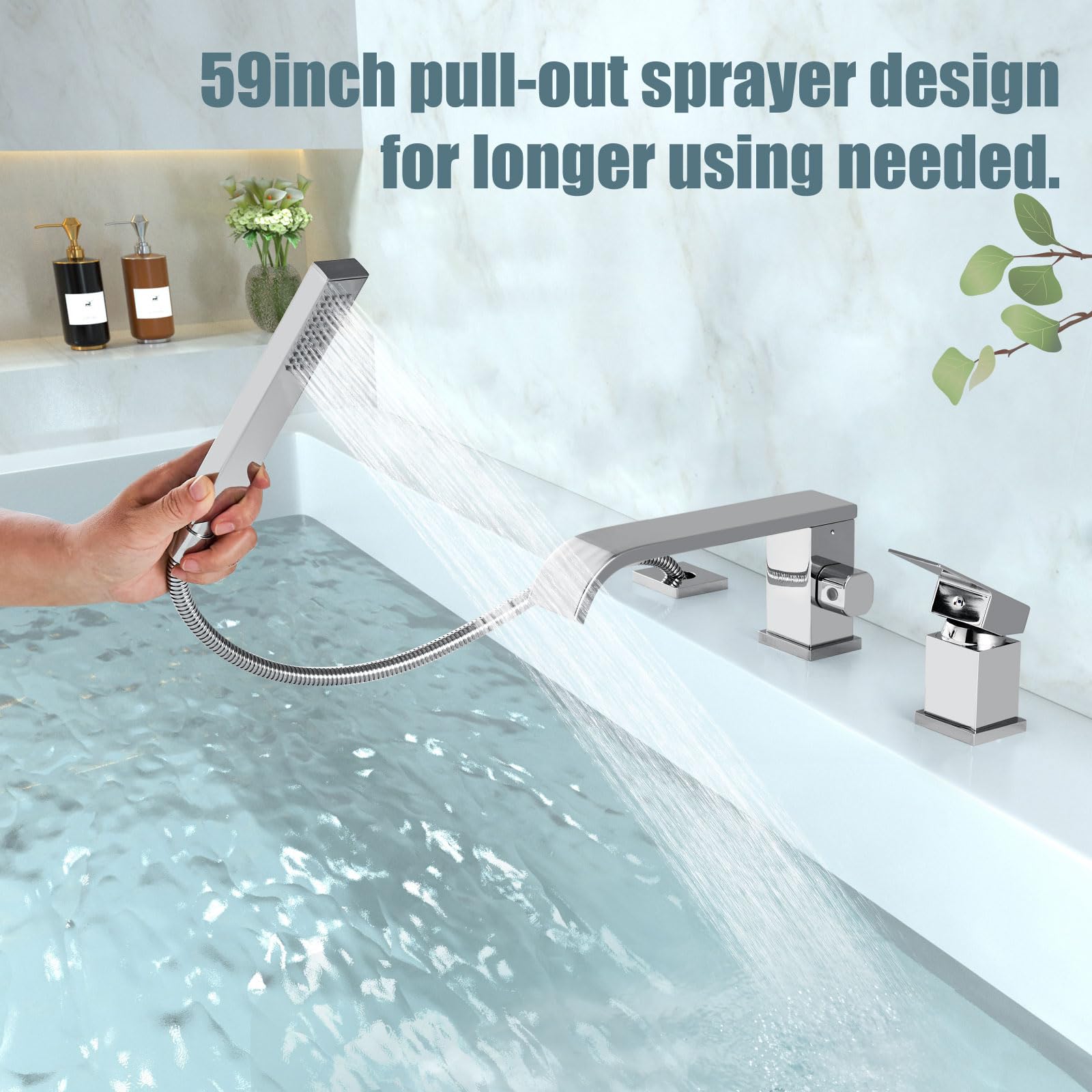 Aolemi Modern Chrome Roman Tub Faucet - Long Waterfall Spout with Handheld Shower Sprayer - 3 Hole Single Handle Deck Mount Widespread Bathroom Faucet - Perfect for Luxury Bathtubs, Spa Bathrooms and Roman Style Bathroom Renovations