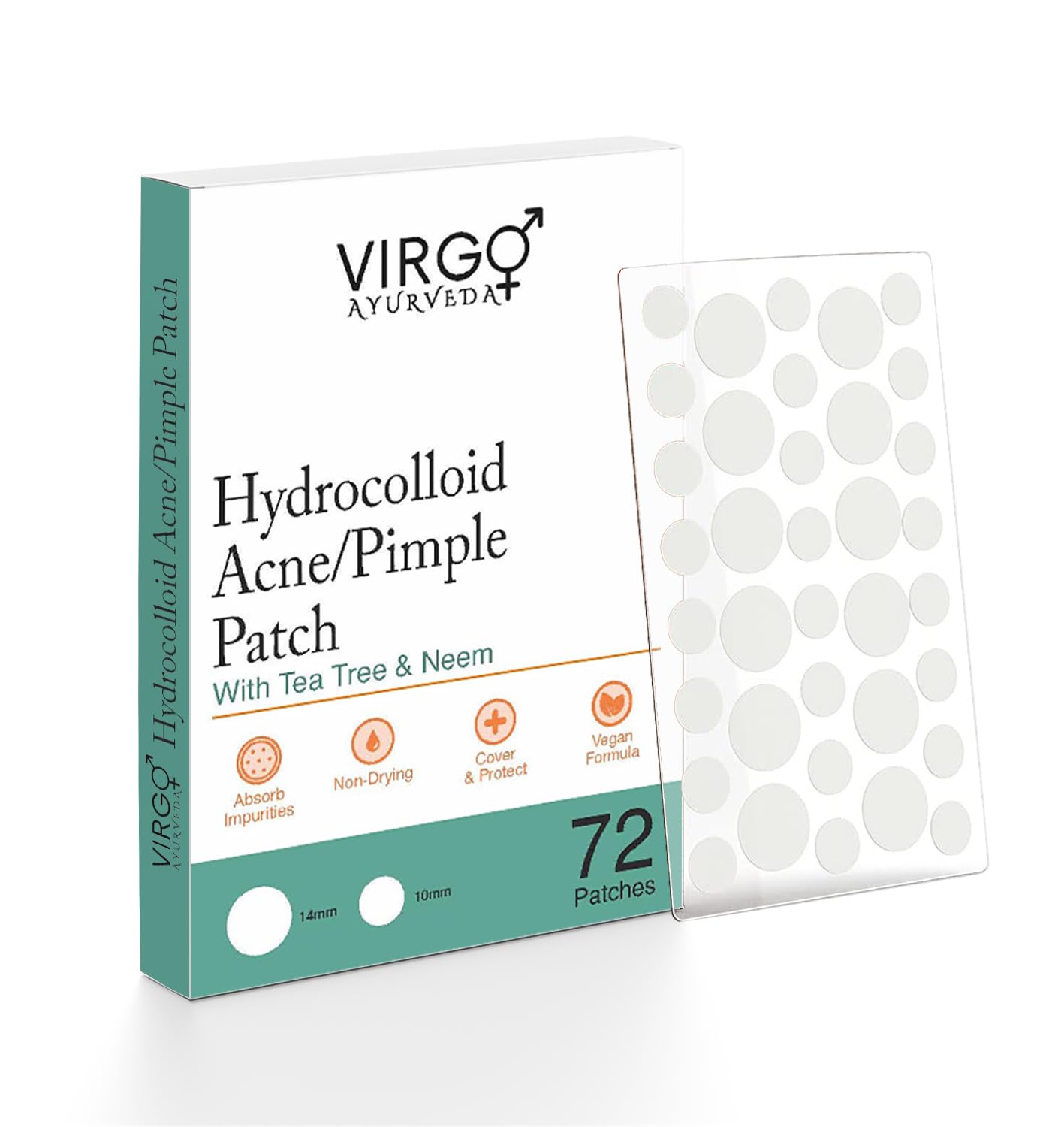Virgo Ayurveda Hydrocolloid Acne Pimple Patches with Tea Tree & Neem - 72 Count Spot Treatment Stickers for Face & Skin | Fast Healing for Zits, Blemishes & Breakouts | Perfect for Overnight Use & Travel