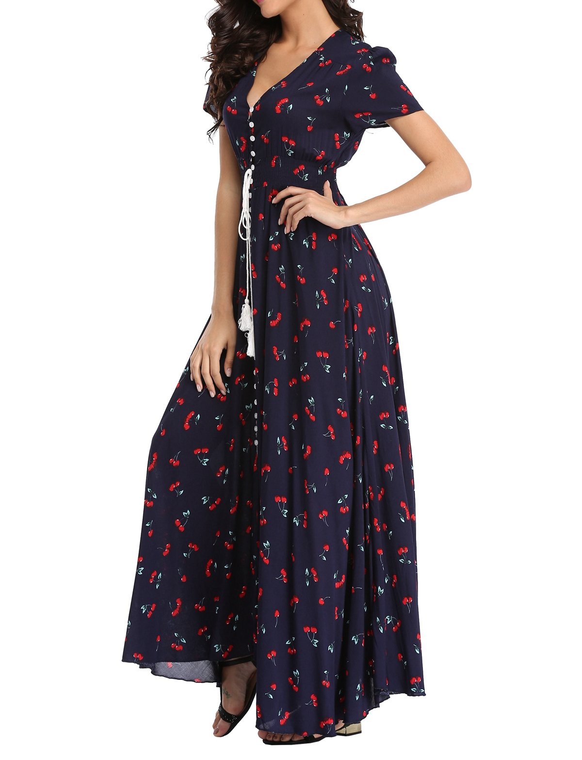Women's Floral Maxi Dress - Casual Long Summer Boho Beach Dress with Short Sleeves & Button Up Front | Perfect for Beach Vacations, Music Festivals & Summer Parties