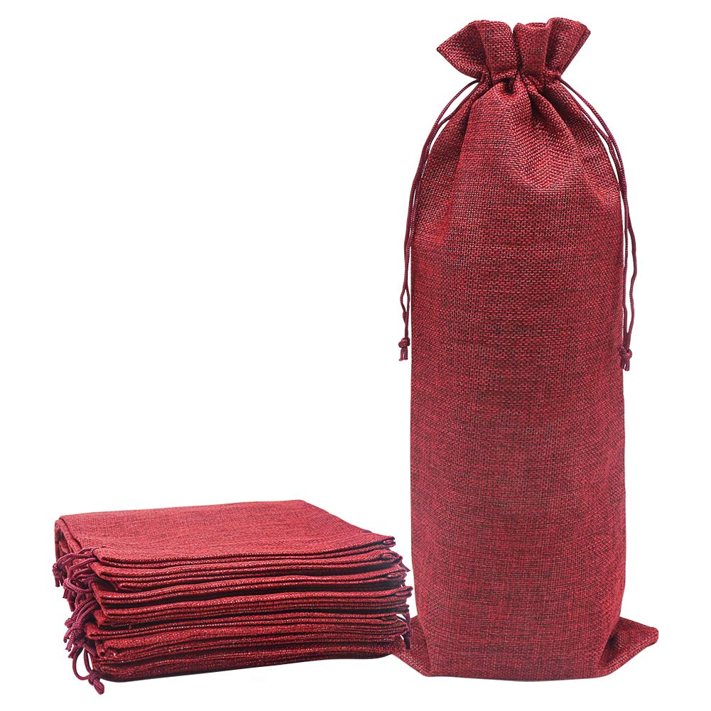 Shintop 10-Pack 1.5L Jute Wine Gift Bags with Drawstring - 16 x 6.7 Inch Natural Hessian Bottle Bags for Wine, Champagne & Liquor - Perfect for Weddings, Parties & Holiday Gifting (Red)
