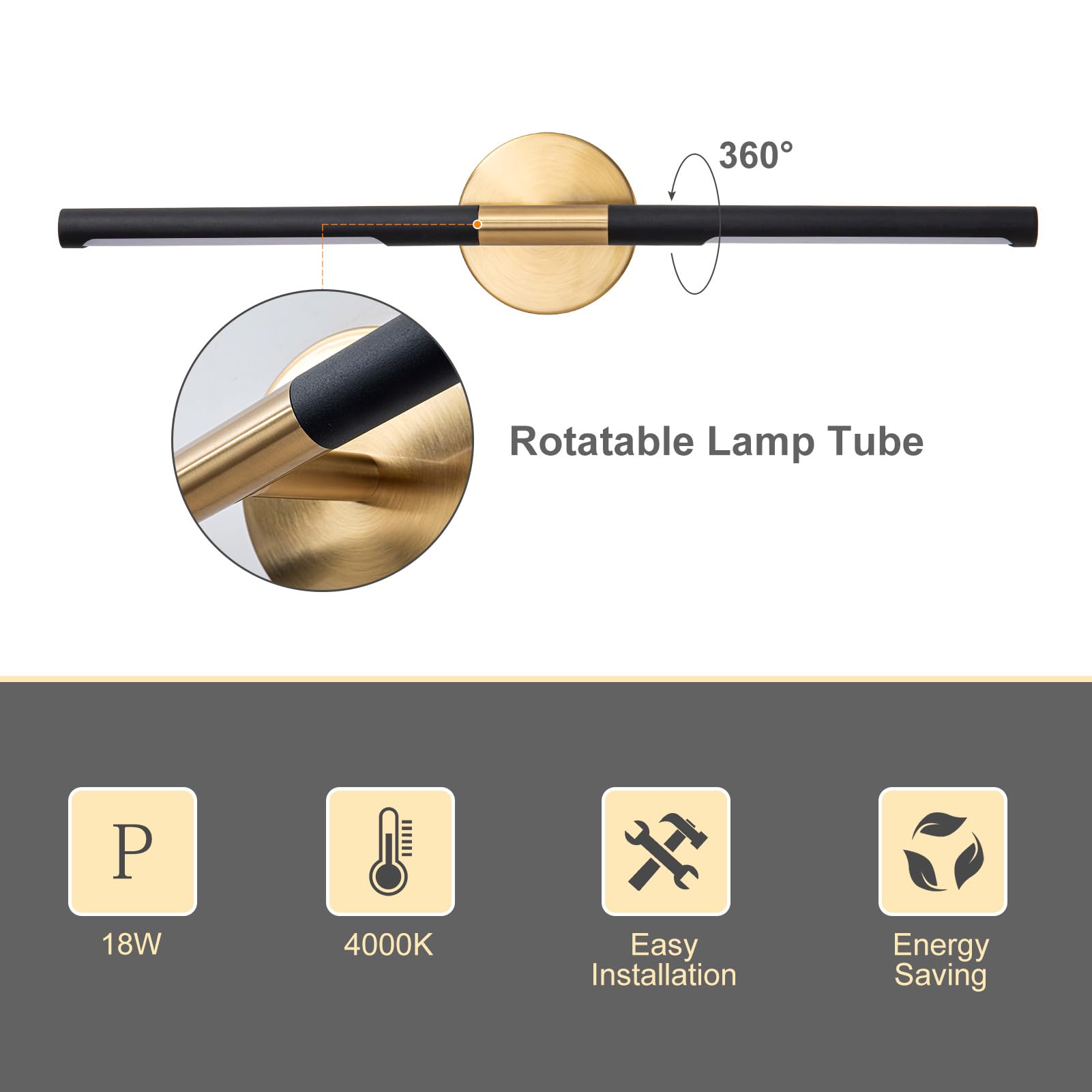 24 Inch Modern LED Vanity Light Bar - 18W 360° Rotatable Dimmable Bathroom Mirror Light Fixture (4000K, Black & Gold) - Perfect for Bathroom Makeovers, Vanity Lighting, and Modern Home Decor