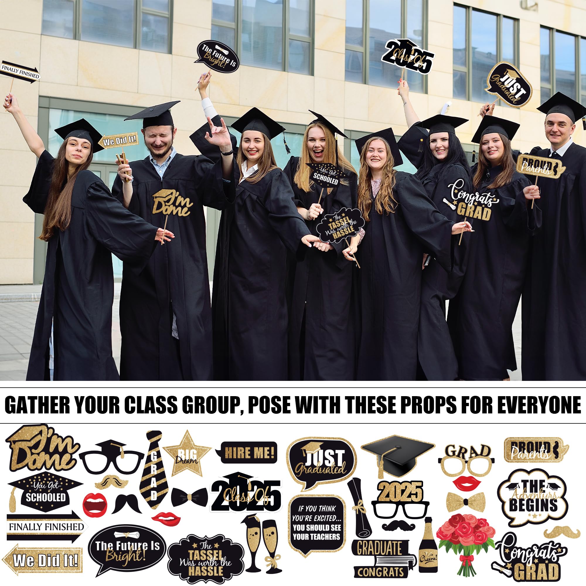 KatchOn 34-Piece Black & Gold Graduation Photo Booth Props Kit - Class of 2025 Decorations for Graduation Parties, Photo Backdrops & Cap Decor | Glitter Photo Booth Accessories for Graduation Celebrations
