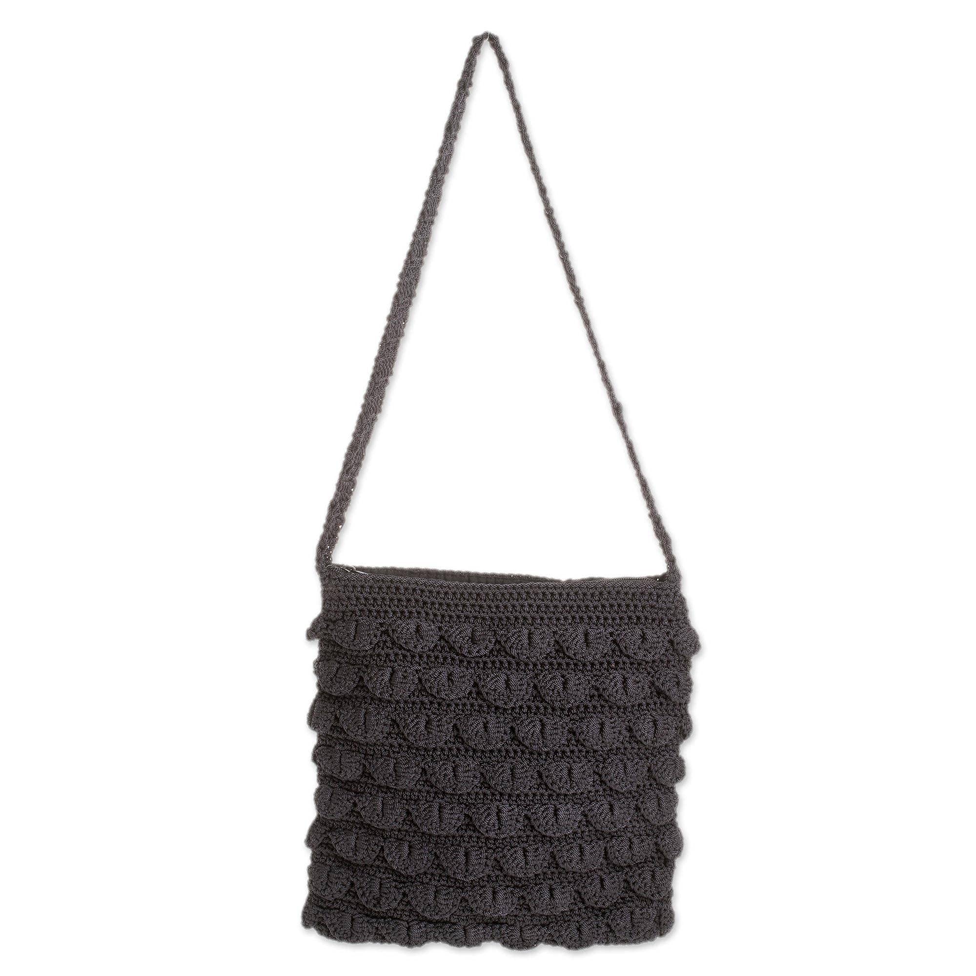 NOVICA Black Crocheted Shoulder Bag for Women - Elegant Summer Frill Design - Handmade Boho Purse for Beach, Travel & Everyday Use