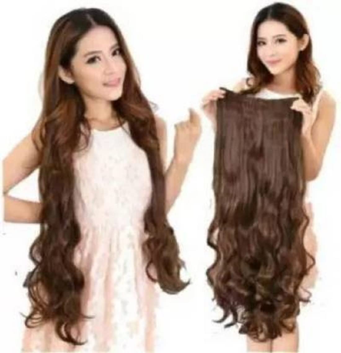 24 Inch Brown Clip-In Synthetic Hair Extensions - 5 Clips Heat Resistant Curly Human Hair Extensions for Women - Full Head Voluminous Hairstyles for Parties, Weddings & Daily Wear