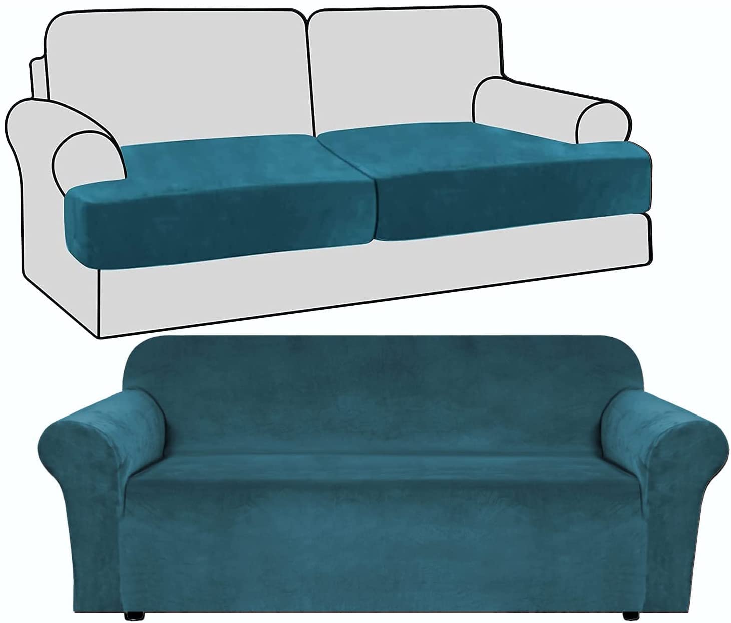 Luxury Velvet Stretch Sofa Cover & Loveseat Slipcover with 2 T-Cushion Covers - Soft Teal Couch Protector for Living Room, Sectional, Apartment Furniture - Perfect for Home Decor, Pet Protection & Furniture Makeover