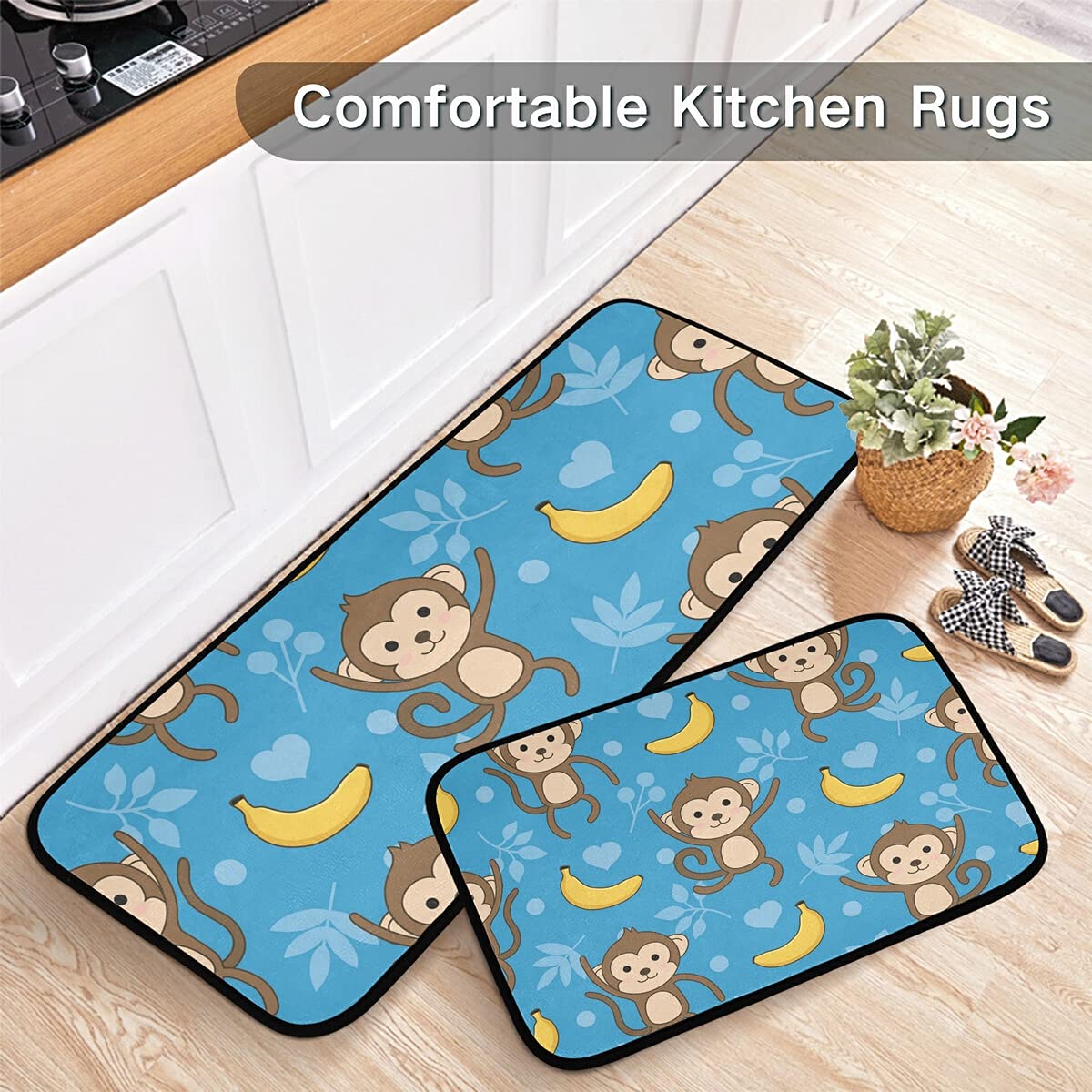 Non-Slip Cartoon Monkey Kitchen Rugs Set of 2 - Washable Anti-Skid Floor Mats for Kitchen Sink, Laundry Room & Home Decor - Cute Animal Print Runner Rugs for Safety and Style