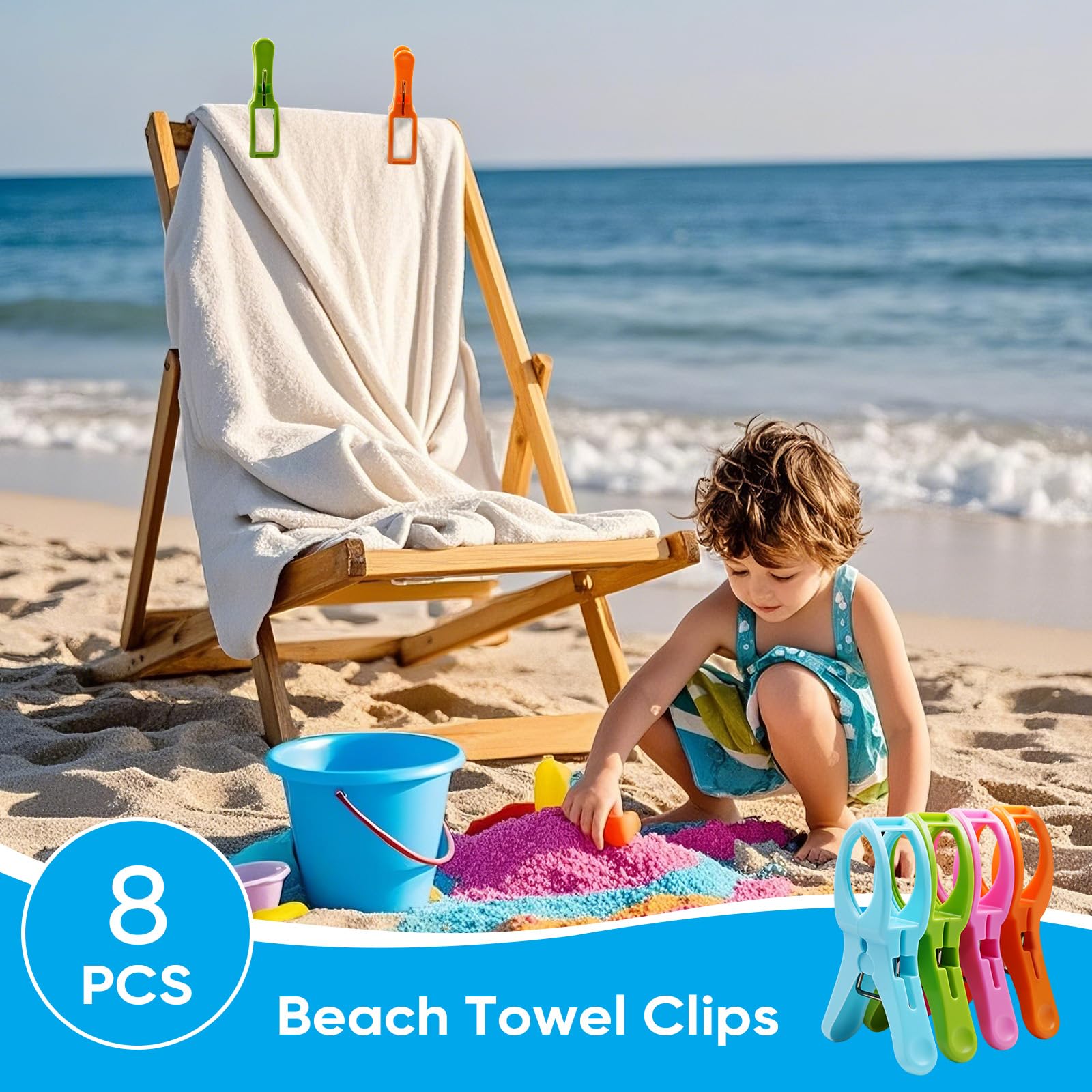 HiGift 8 Pack Heavy Duty Beach Towel Clips for Chairs - Large Plastic Pool Chair Clamps to Secure Towels from Wind - Cruise Vacation Essentials & Must Have Beach Accessories - Perfect for Poolside, Seaside, and Outdoor Relaxation