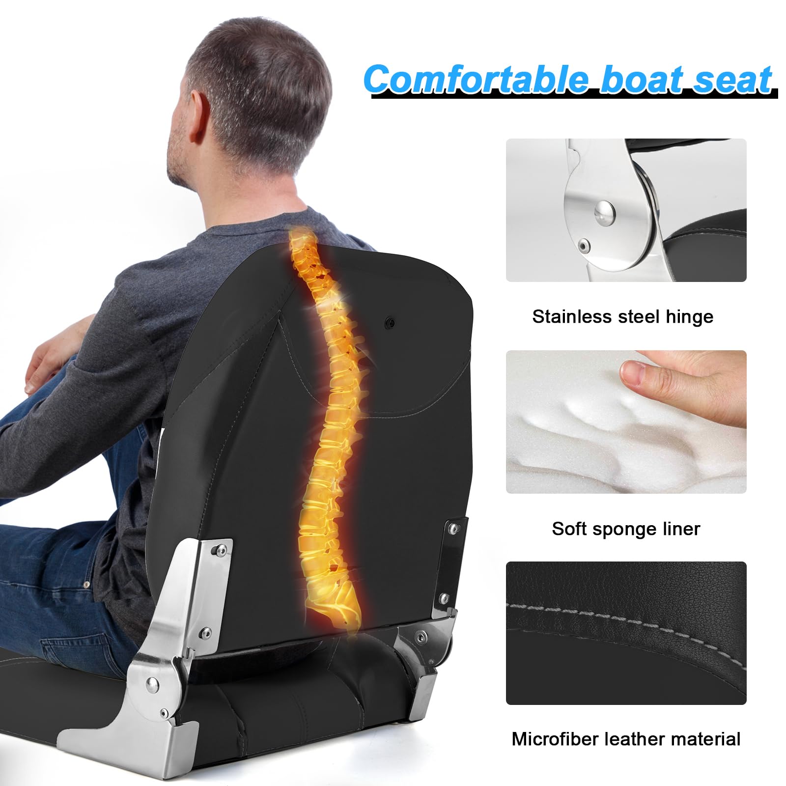 2 Pack Low Back Folding Boat Seats - Waterproof Microfiber Leather Fishing Chairs with Stainless Steel Hinges & Screws (Black) - Perfect for Fishing Boats, Yachts, and Marine Use