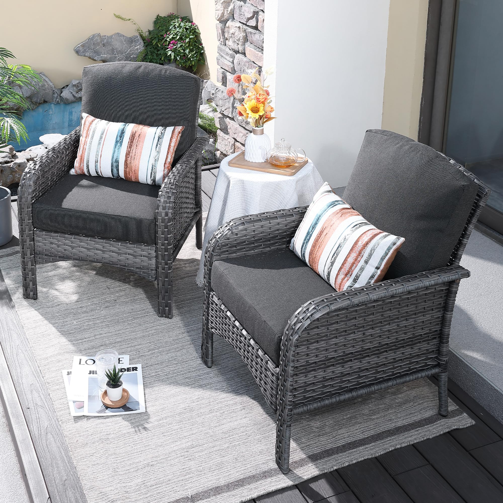 2-Piece Patio Furniture Set - All-Weather Wicker Chairs with High Back & Comfy Cushions for Outdoor Porch, Deck, Garden or Poolside (Black) - Perfect for Relaxing, Entertaining & Enjoying Nature