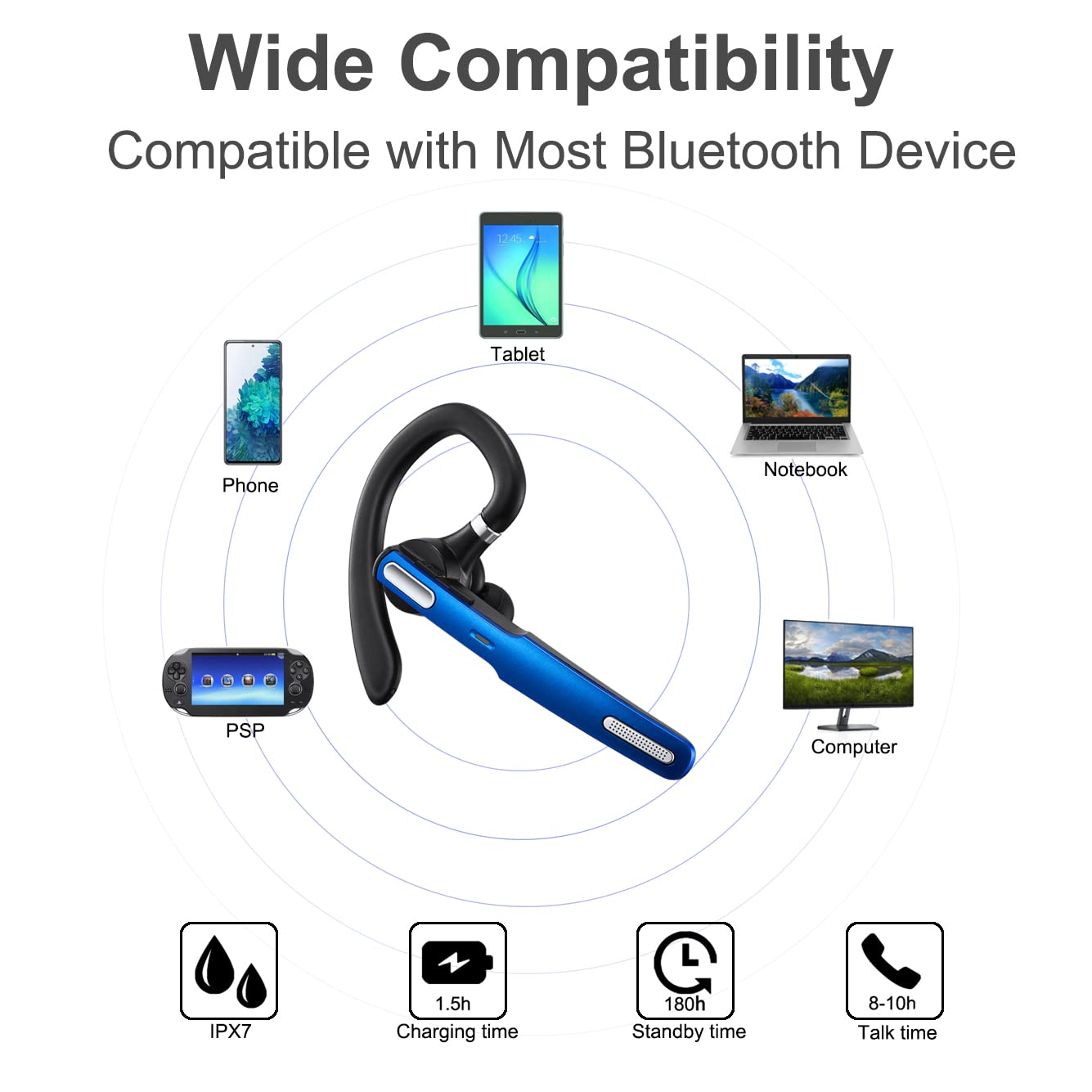 COMEXION Bluetooth Headset Wireless Earpiece V5.0 with Noise Canceling Mic - Hands-Free Stereo Earphones for iPhone & Android - Perfect for Driving, Business Meetings & Office Work