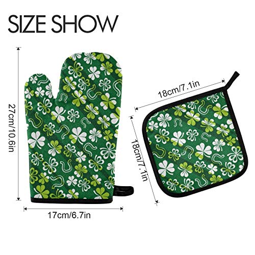 St. Patrick's Day Green Shamrock Horseshoe Oven Mitts & Pot Holders Set - 2Pcs Heat Resistant Kitchen Gloves for Baking, Cooking, Grilling, BBQ - Perfect Holiday Kitchen Decor & Gift for Irish-Themed Parties