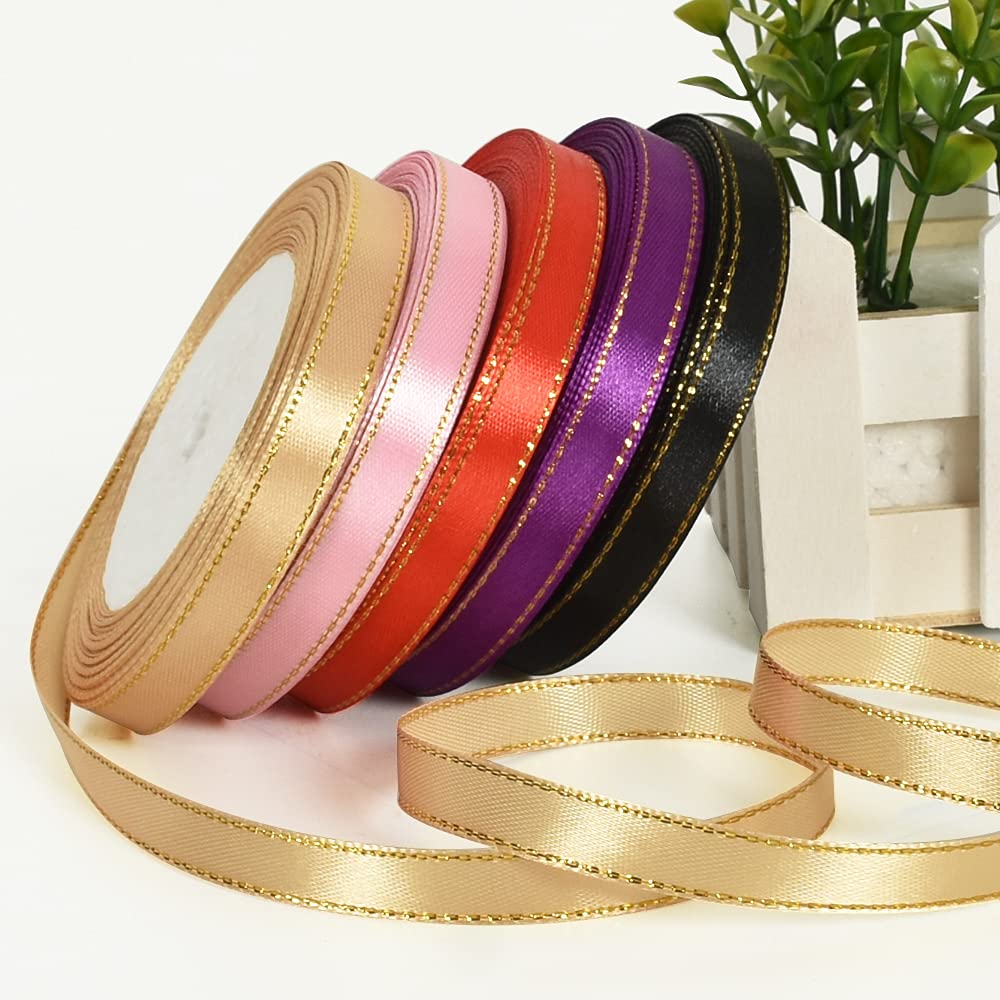 TONIFUL 3/8 Inch x 25 Yards Thin Pink and Gold Satin Ribbon with Gold Edges - Premium Fabric Ribbon for Gift Wrapping, Wedding Decorations, Birthday Cakes, Floral Crafts, Bow Making, Valentine's Day Bouquets, DIY Projects and Party Supplies