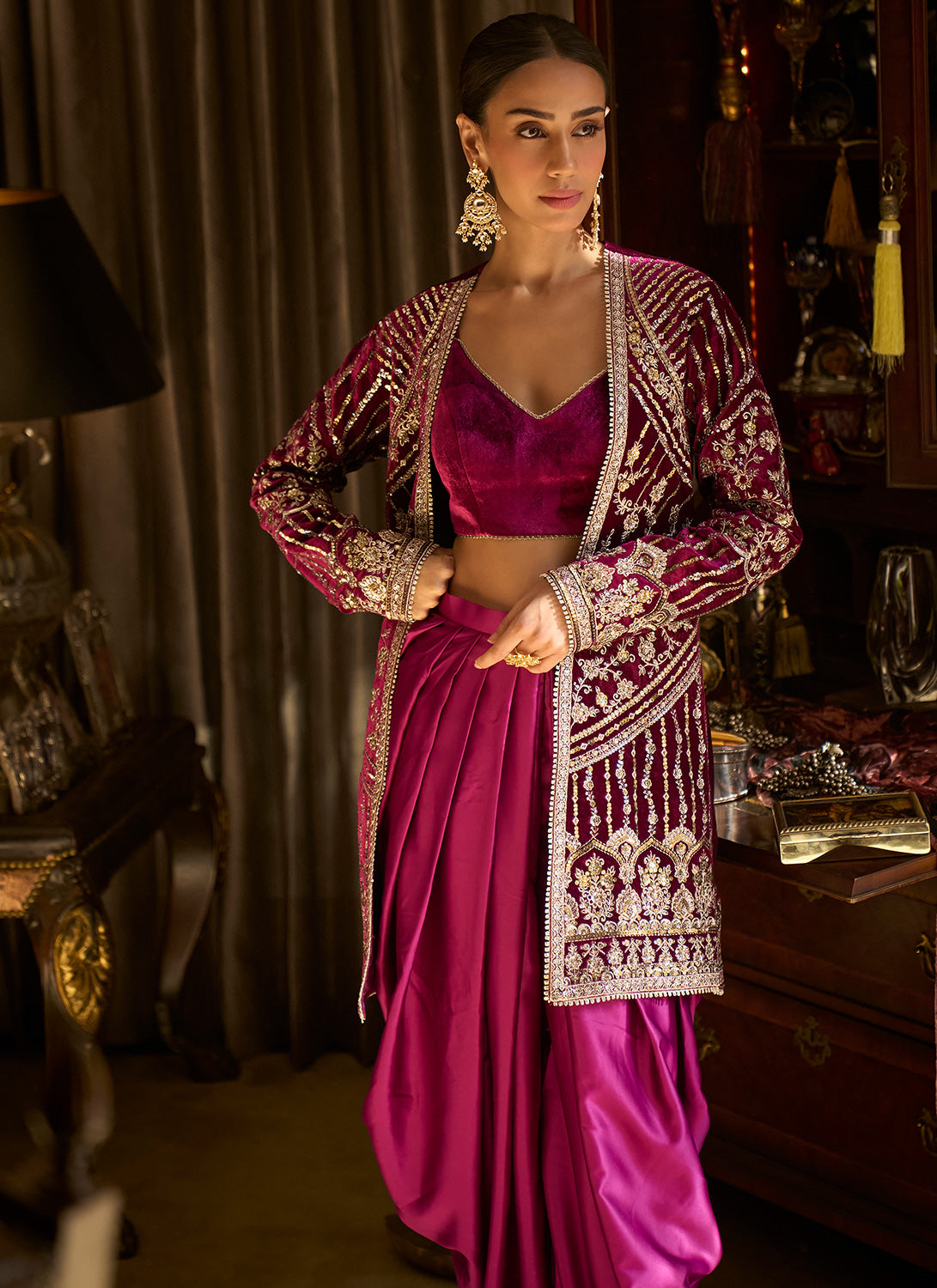 Elegant Magenta Embroidered Velvet Suit Set with Matching Jacket - Women's Formal Wear for Weddings, Parties & Special Occasions