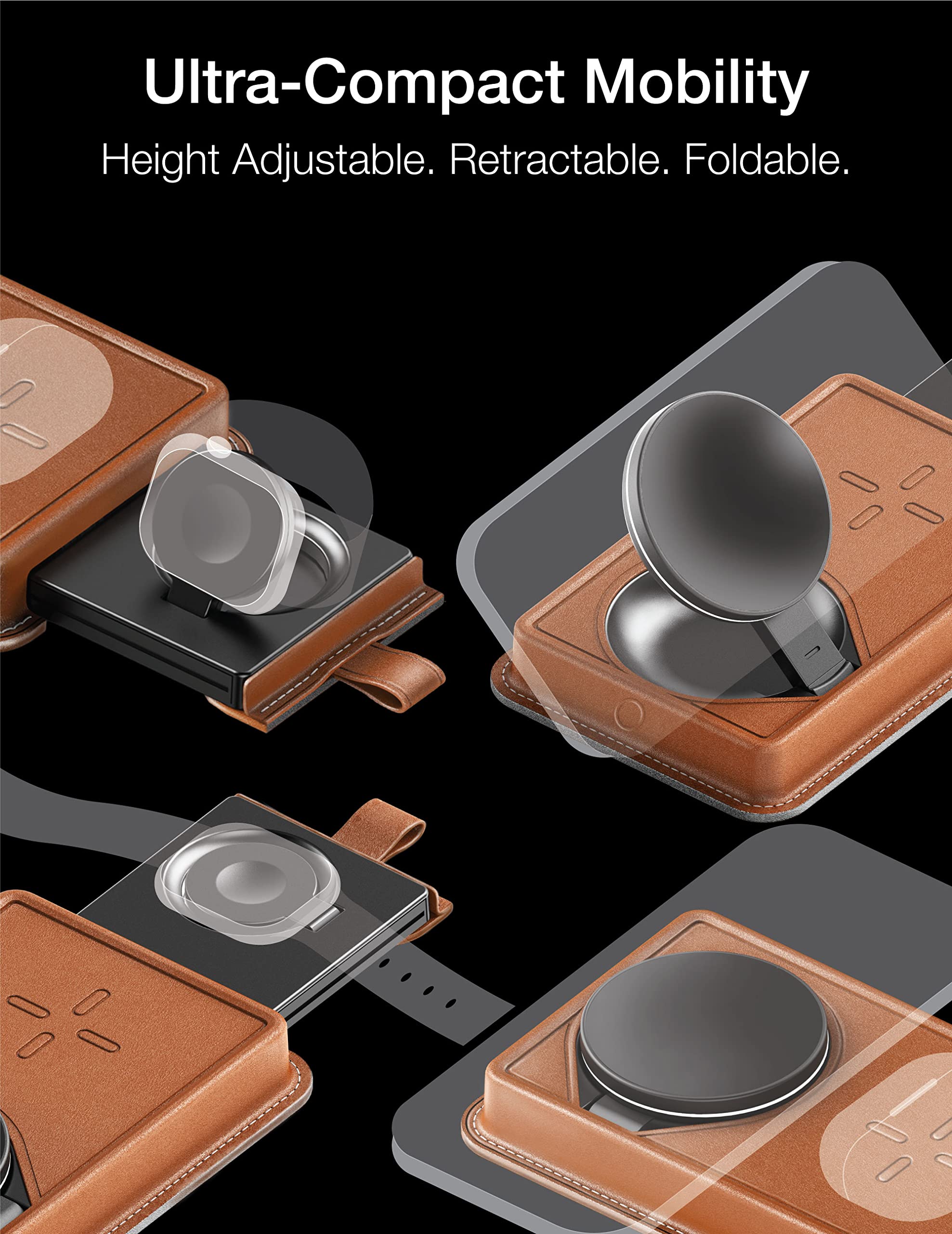 3 in 1 Wireless Magnetic Charging Stand - 15W Fast Charger Dock Station with Genuine Leather, 6ft Extension Cables & Adjustable Nightlight for iPhone 14/13/12, AirPods Pro/3/2, Apple Watch 8/7/6/SE - Perfect for Bedside, Office & Travel (Tan)