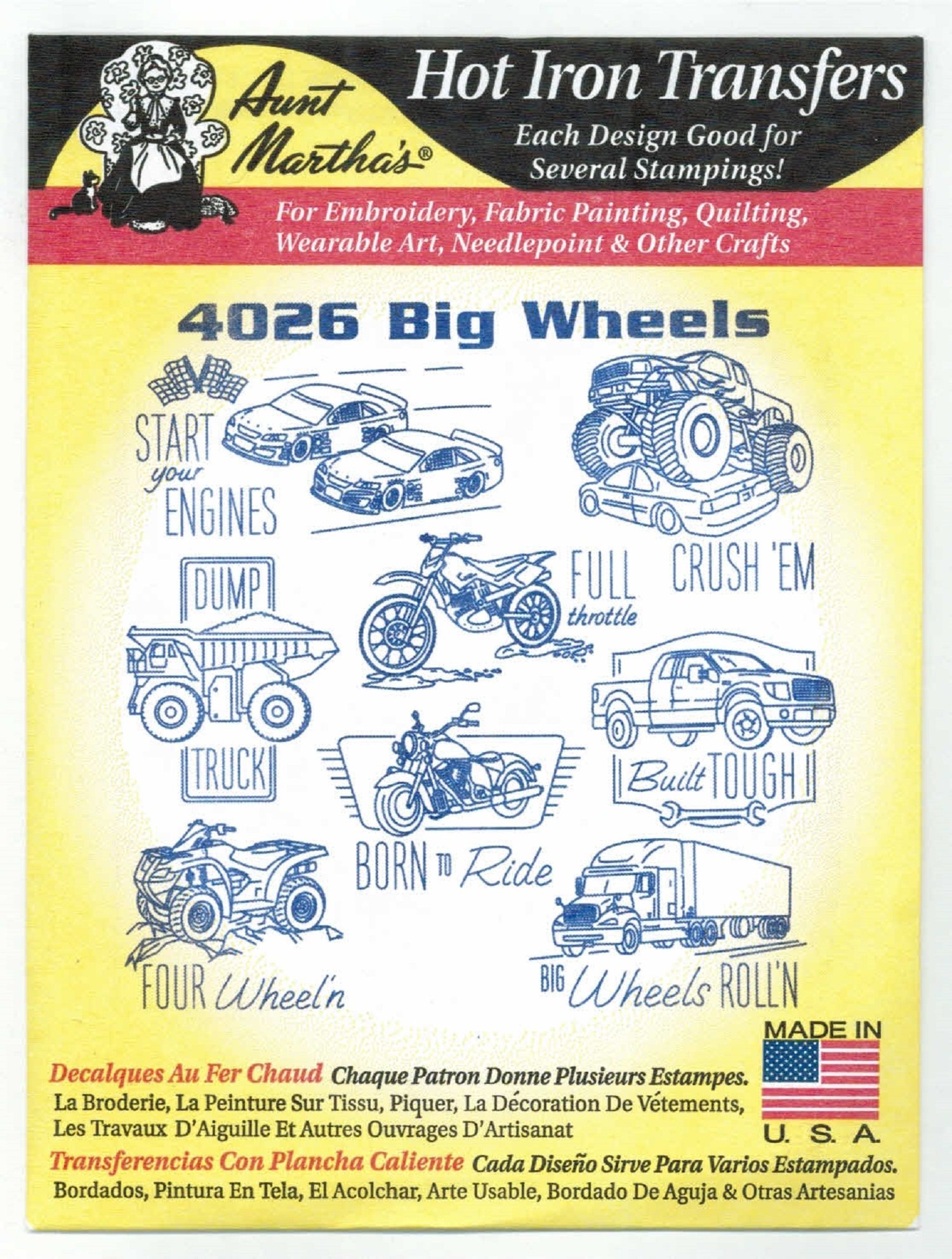 Aunt Martha's Hot Iron Embroidery Transfer Patterns - Big Wheels Design for DIY Crafts, Quilting & Fabric Projects | Vintage-Inspired Iron-On Transfers for T-Shirts, Tote Bags & Home Decor