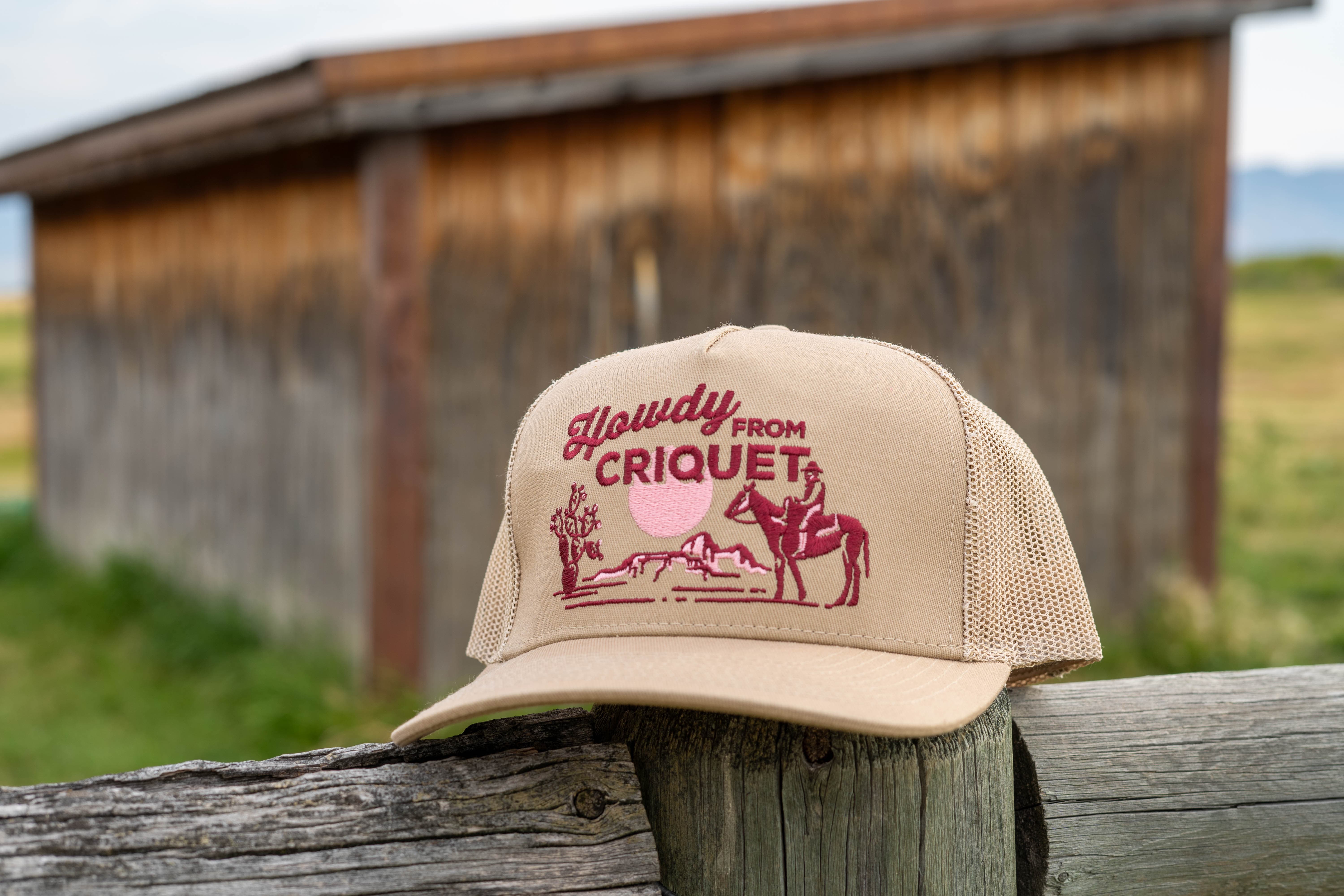 Classic Trucker Hat - Howdy From Criquet in Tan Twill | Vintage Style Baseball Cap for Men & Women | Perfect for Outdoor Activities, Sports, and Casual Wear