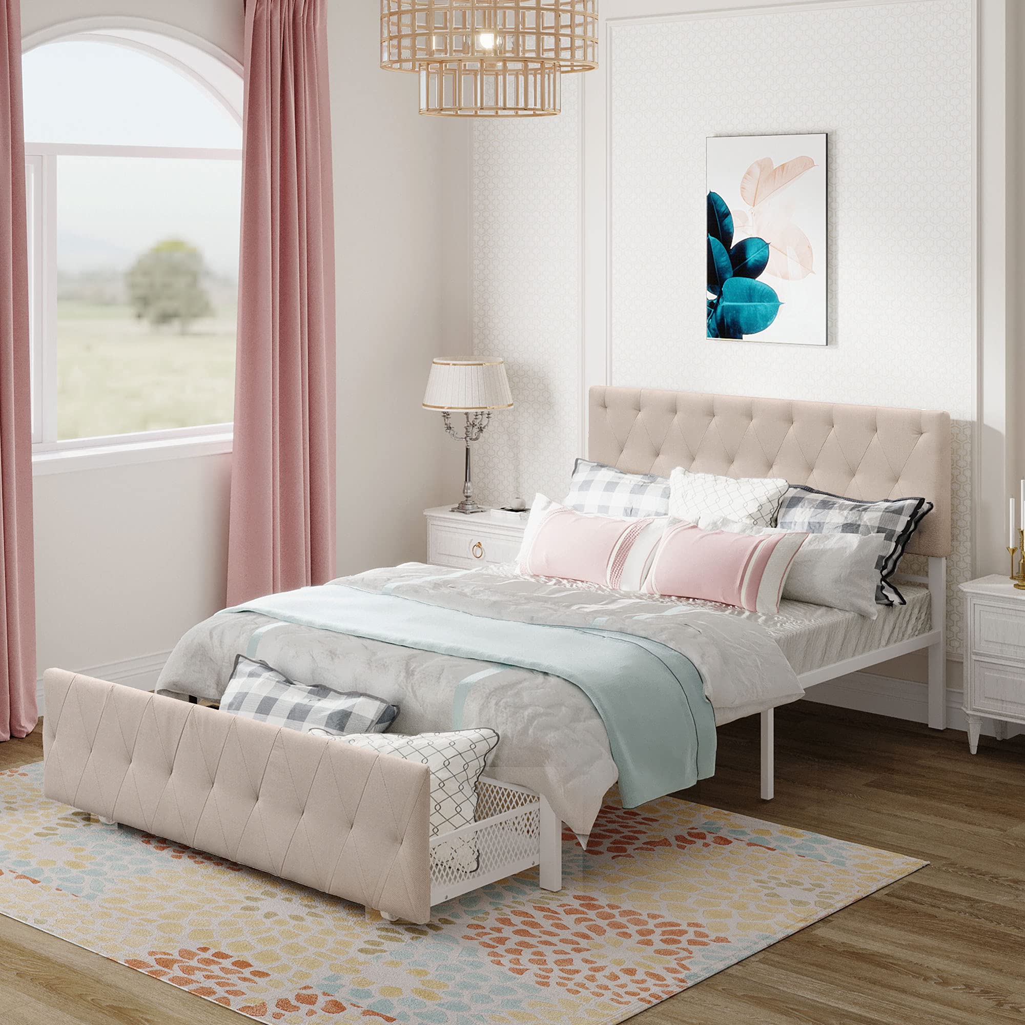 MERITLINE Full Size Upholstered Platform Bed Frame with Headboard & Storage Drawers - Wooden Slat Support, Button Tufted Design in Beige | Under Bed Storage Solution for Small Bedrooms, Guest Rooms & Apartments