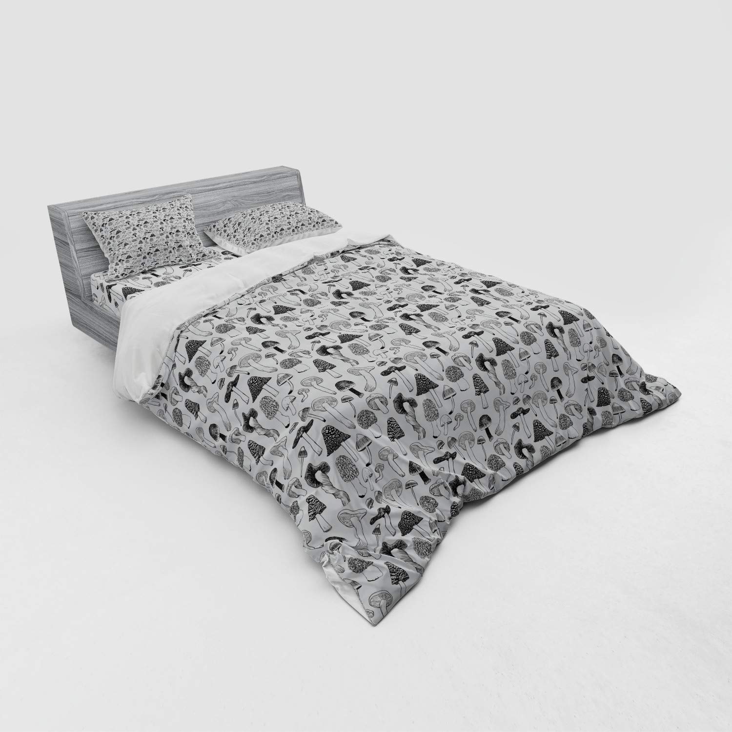 Ambesonne Mushroom Bedding Set Queen Size - 4 Piece Duvet Cover with Shams & Fitted Sheet - Charcoal Grey Sketchy Drawing Repetitive Design - Soft Microfiber Bedroom Decor for Cozy Autumn Nights