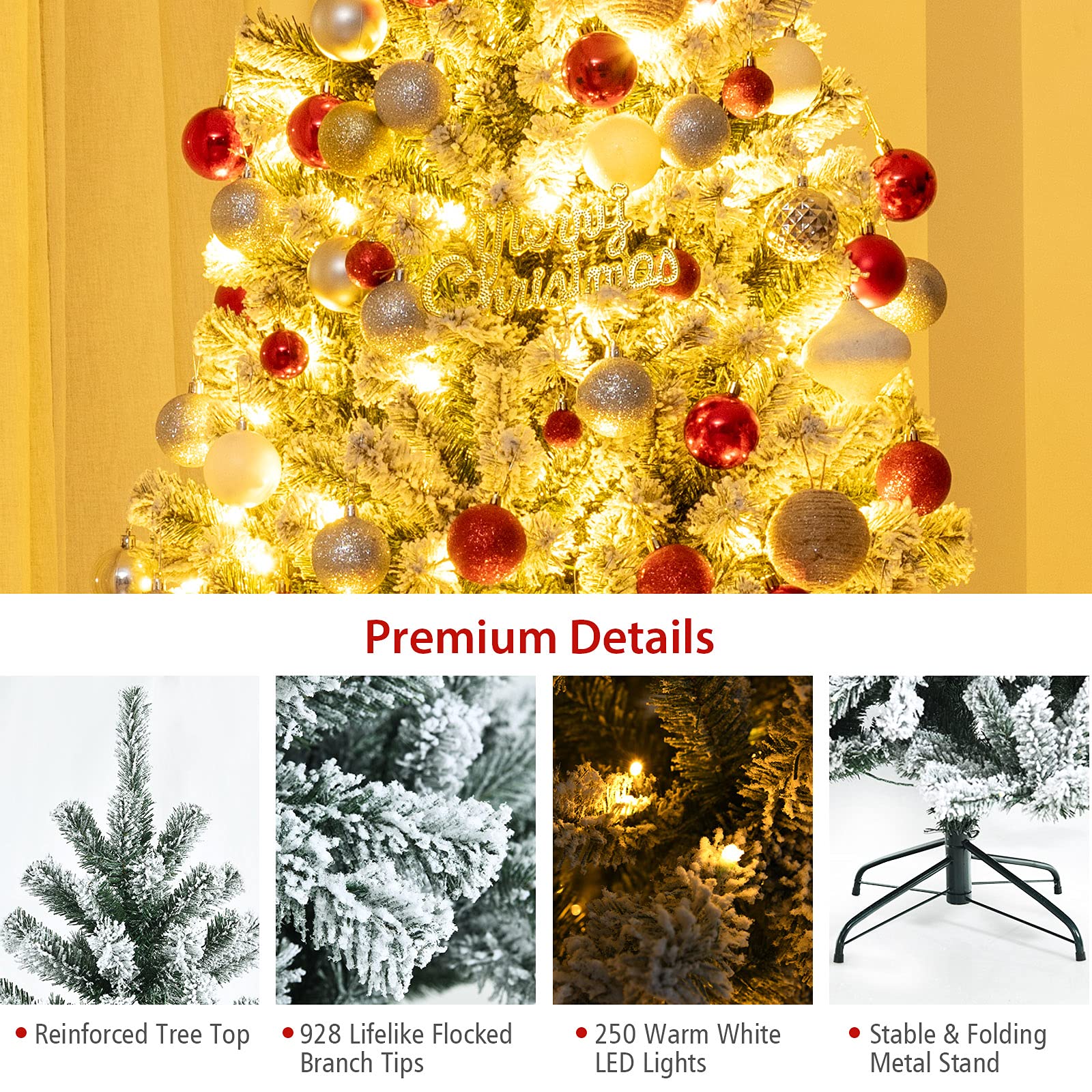 GOFLAME 6FT Pre-lit Artificial Christmas Tree with 250 Warm White LED Lights - Snow Flocked Full Xmas Tree with 928 Branch Tips & Foldable Stand - Perfect for Holiday Indoor Decor in Living Room, Office, and Party Settings