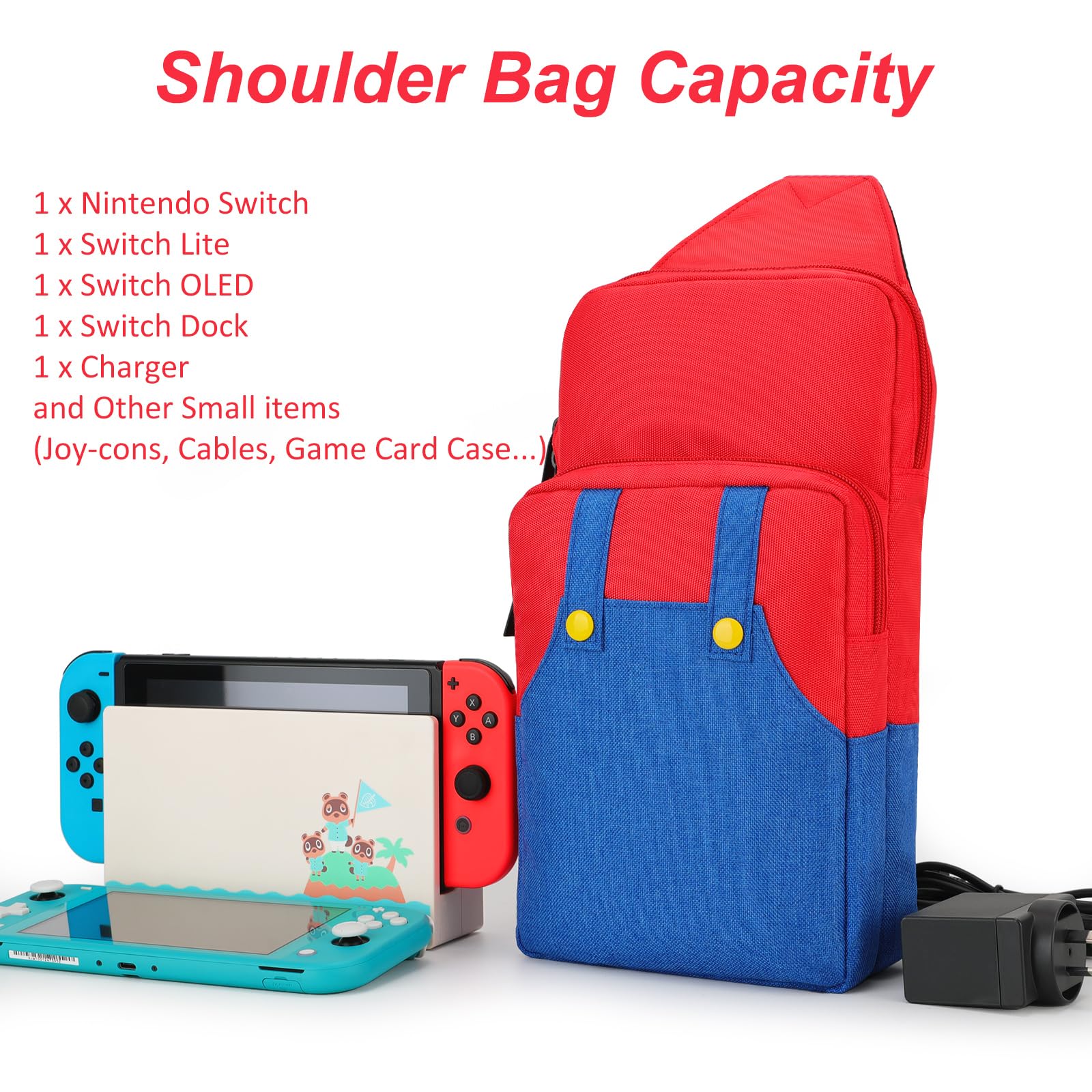 Nintendo Switch/Lite/OLED Travel Bag - Super Mario Portable Gaming Sling Backpack with Chest/Shoulder Strap, Game Card Case & 4 Thumb Grip Caps - Perfect for Travel, Commuting & Gaming On-The-Go