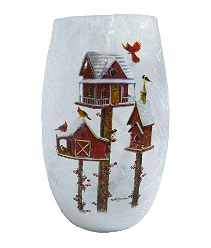 Stony Creek Frosted Glass 5-Inch Lighted Vase with Red Birdhouses - Elegant Home Decor for Living Room, Bedroom, or Wedding Centerpiece