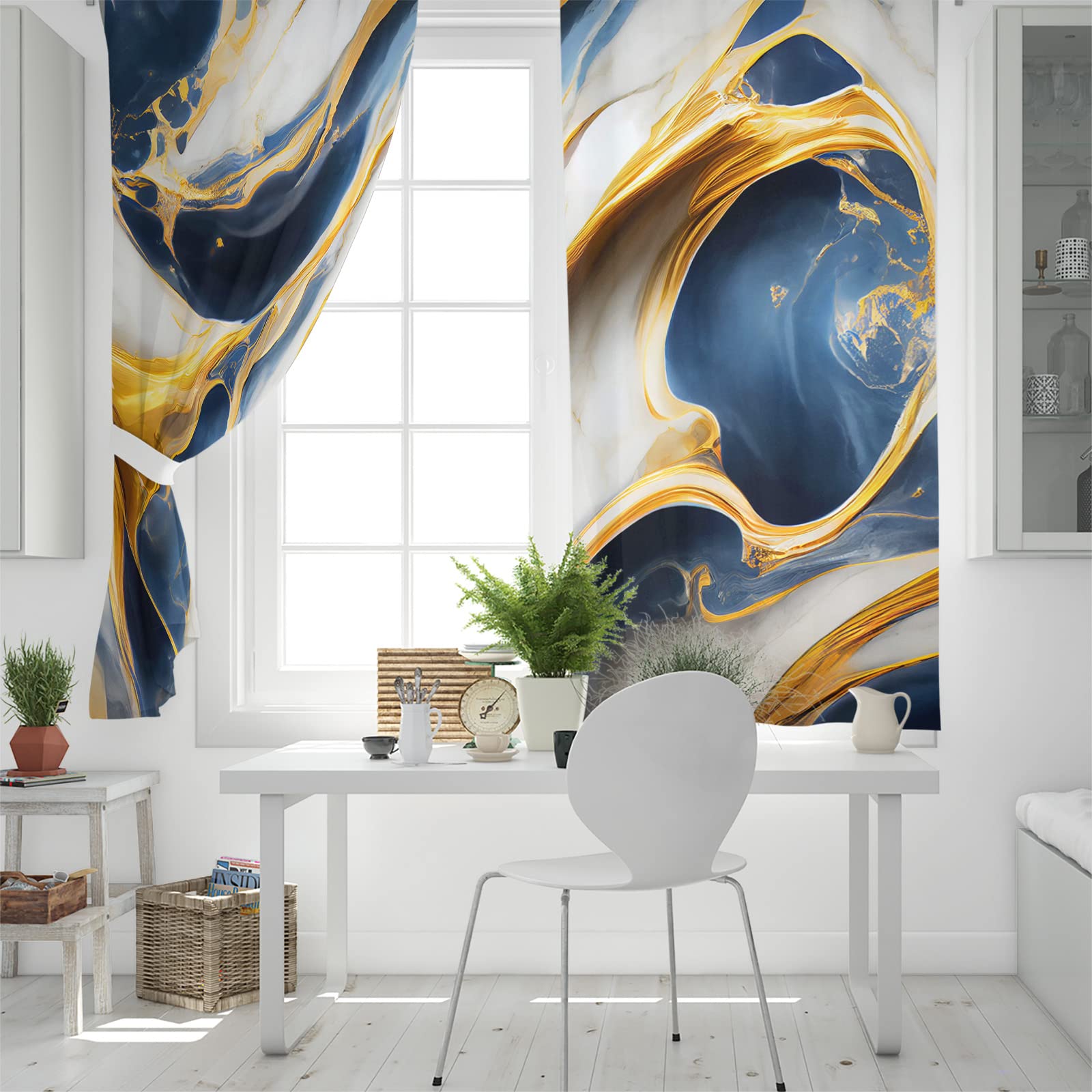 Abstract Navy Blue & Mustard Yellow Marble Swirl Blackout Curtains - Thermal Insulated Room Darkening Drapes for Living Room & Bedroom (2 Panels, 52x84 Inches) - Perfect for Home Decor, Privacy & Energy Efficiency