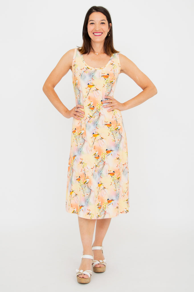 Evangelina Dress - Songbird Print Bamboo Fabric Flowy Summer Dress for Women | Perfect for Beach Vacations, Garden Parties & Casual Outings