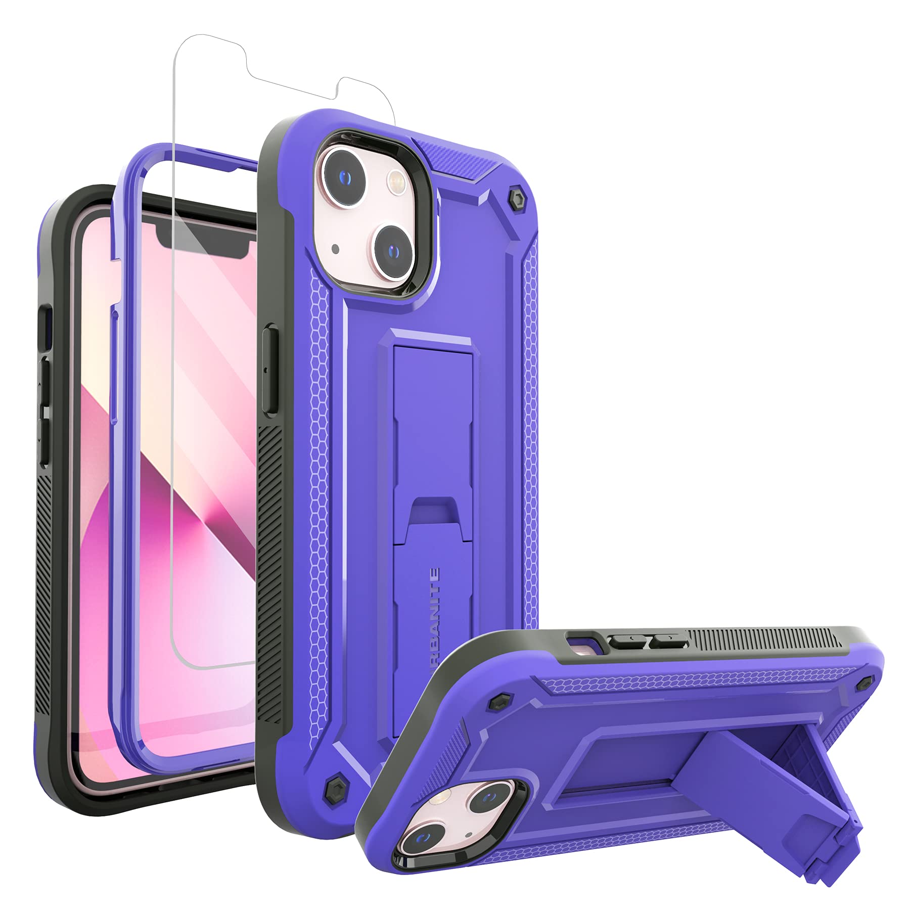 Shockproof iPhone 13 Case with Screen Protector & Kickstand | Military-Grade Dual Layer Protection | Heavy Duty Phone Cover for iPhone 13 (Purple) - Perfect for Outdoor Adventures, Work & Daily Use