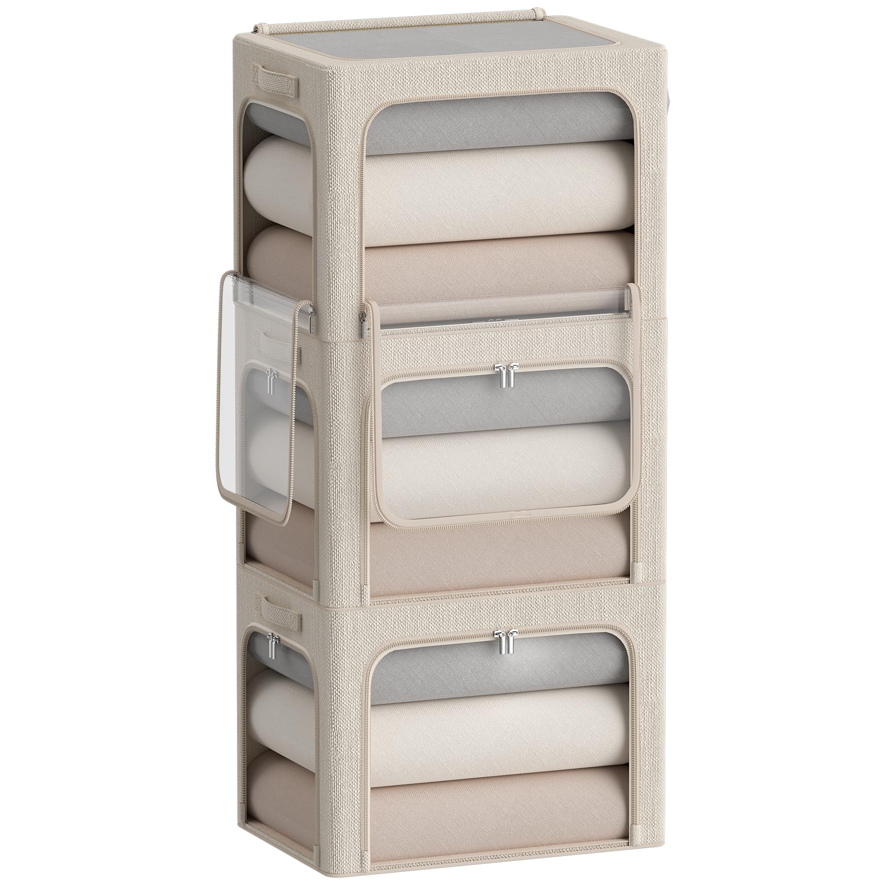 3-Pack Stackable Foldable Storage Bins with Clear Window & Carry Handles - 36L Metal Frame Clothing Organizer Box (15.7x11.8x11.8in, Beige) for Closet, Nursery, or Office Organization