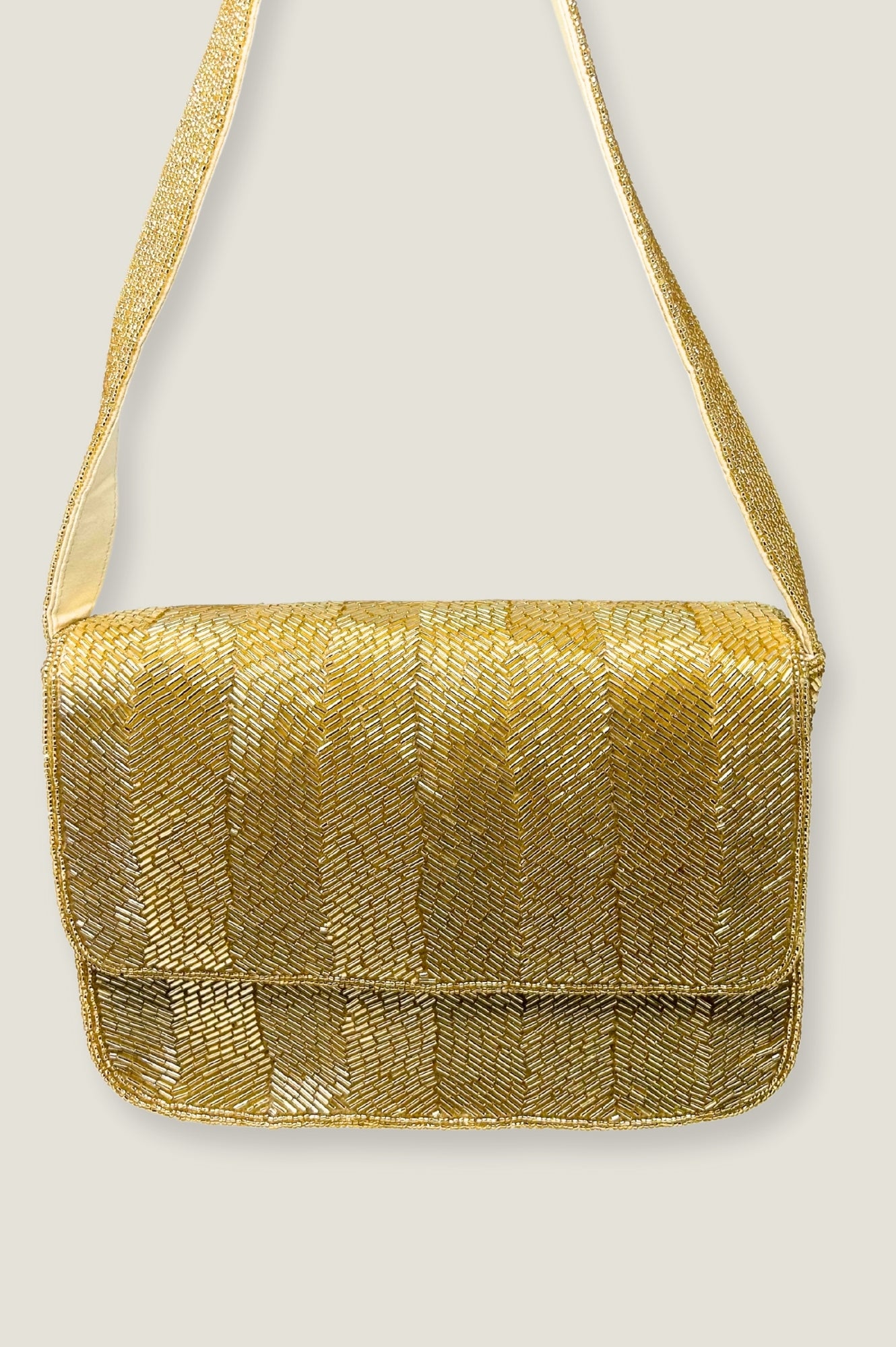 Beaded Strap Handbag with Chevron Gold Design - Elegant Women's Crossbody Purse for Parties, Weddings & Evening Events