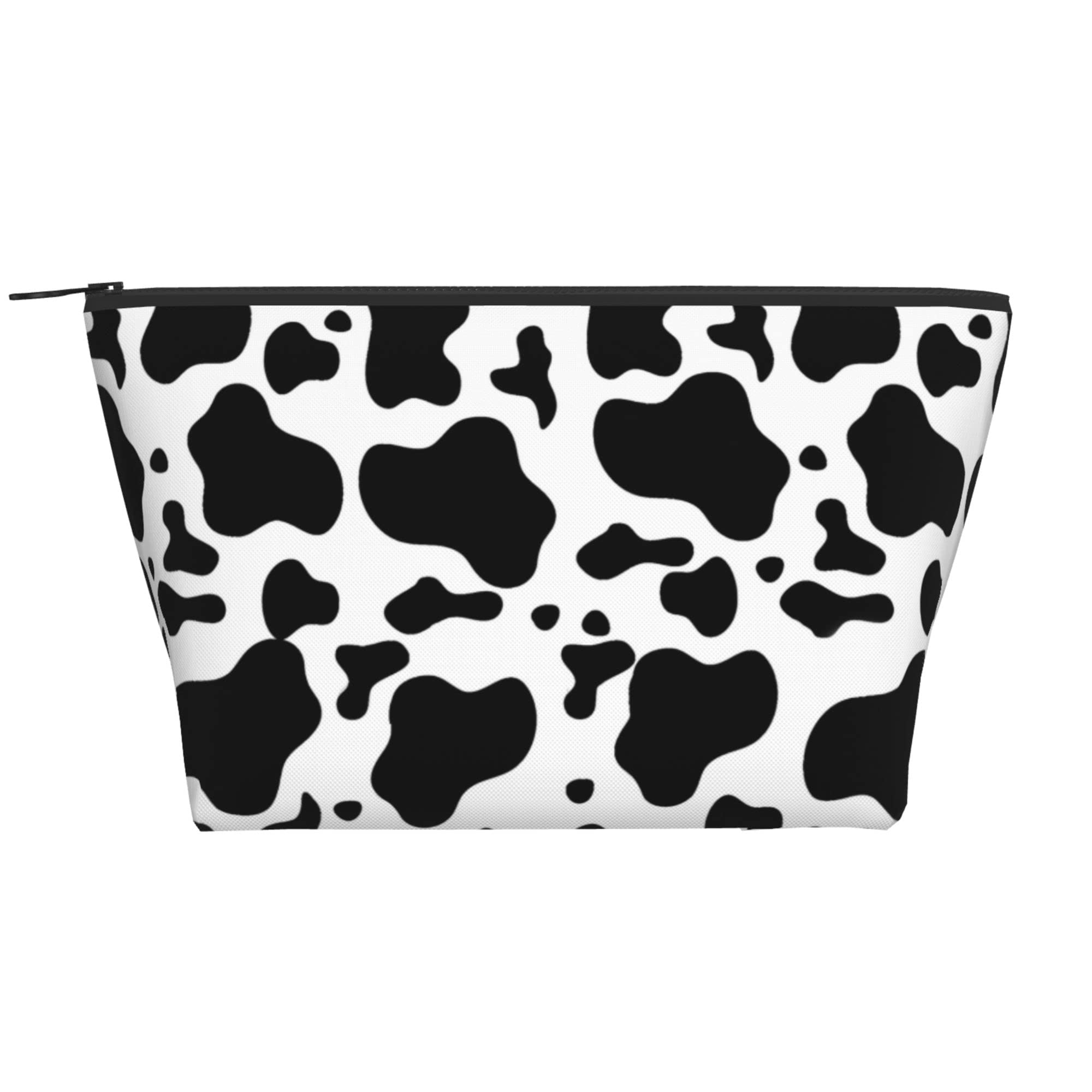 Women's Cow Print Makeup Bag - Waterproof Oxford Cosmetic Pouch for Travel & Daily Use | Portable Toiletry Organizer with Jewelry Storage | Black & White Spotted Design for Women & Girls (Perfect for School, Gym, Beach Trips)