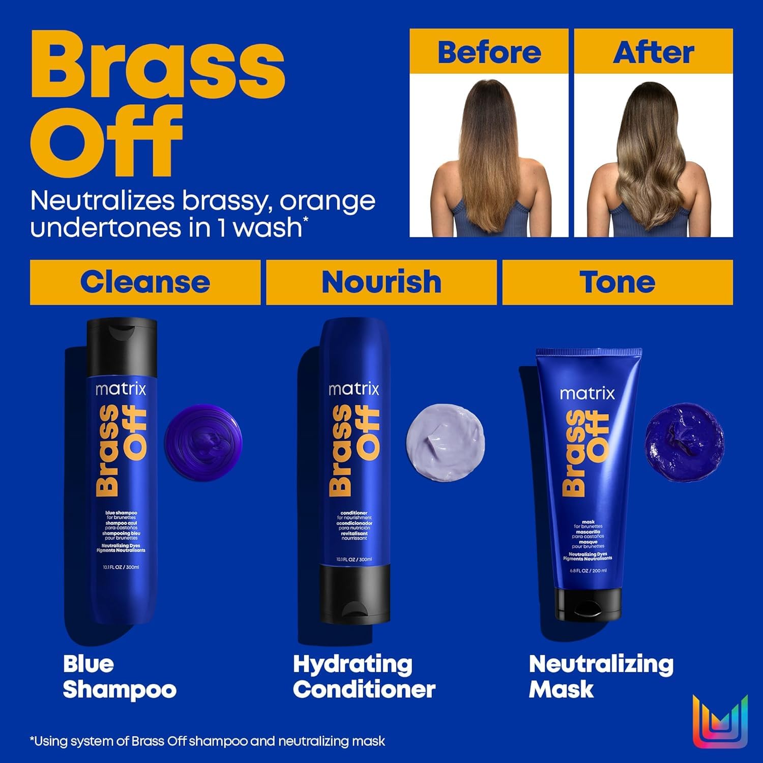 MATRIX Brass Off Blue Shampoo & Conditioner Set - Neutralizes Brassy Orange Tones for Color-Treated & Lightened Brunette Hair | Vegan, Sulfate-Free Salon Formula | Perfect for Blonde, Gray & Highlighted Hair Maintenance