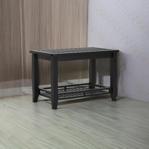 Premium Bamboo Shower Bench with Storage Shelf - Non-Slip Bath Stool Seat for Elderly & Shaving - Waterproof Shower Chair for Bathroom Safety & Spa Relaxation - Perfect for Small Spaces & Handicap Accessibility (Black)