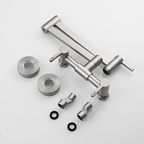 Solid Brass Wall Mount Kitchen Sink Faucet - Dual Handle Hot & Cold Water Mixing Tap with Extendable Folding Arm & Chrome Plating (Dual Function Spray Nozzle) - Perfect for Small Kitchens, RVs and Bathroom Sinks