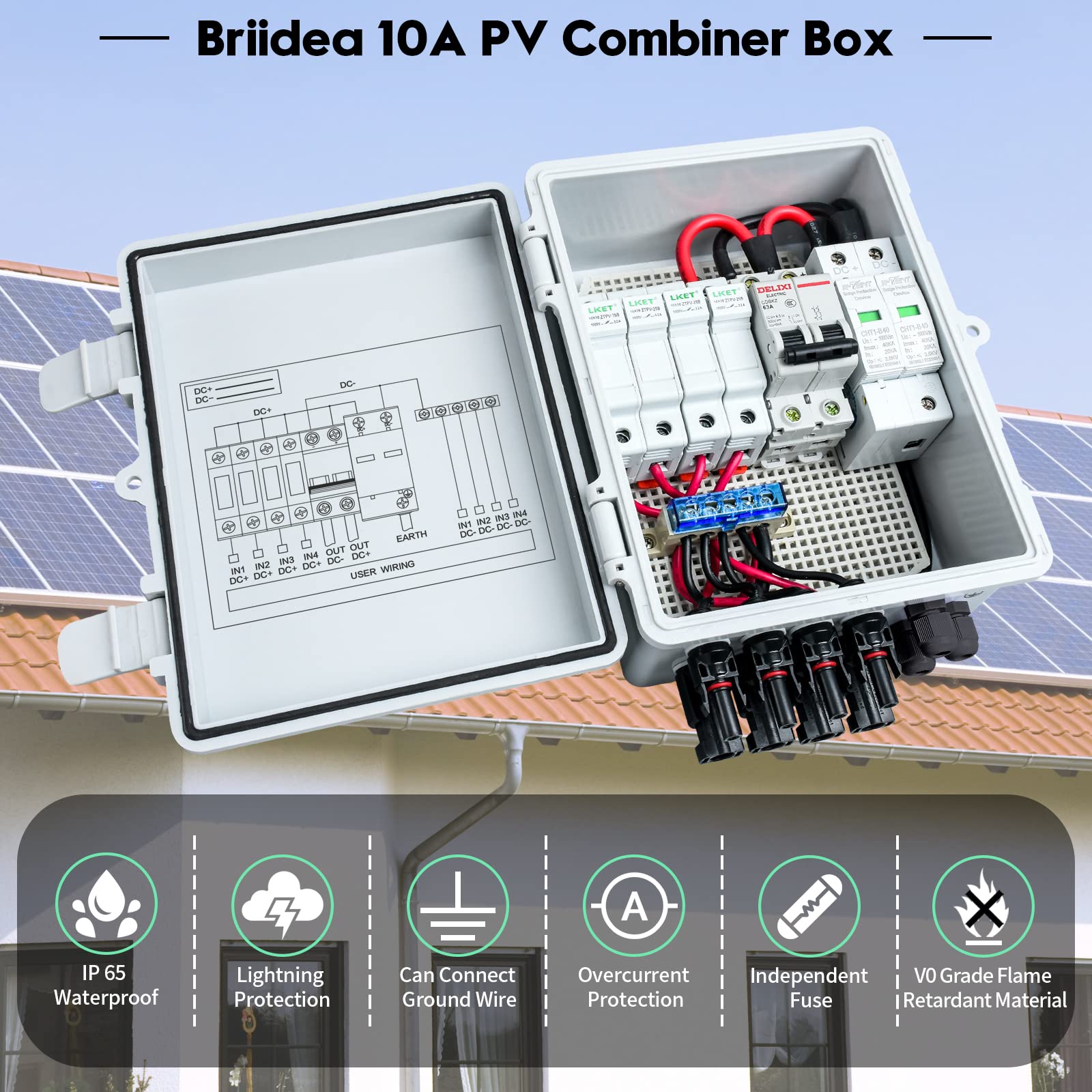 Briidea 4 String Solar Combiner Box with 10A Circuit Breakers & Lightning Arrester - IP65 Waterproof PV Combiner Box for Solar Panel Systems - Perfect for Home, RV & Off-Grid Solar Power Applications