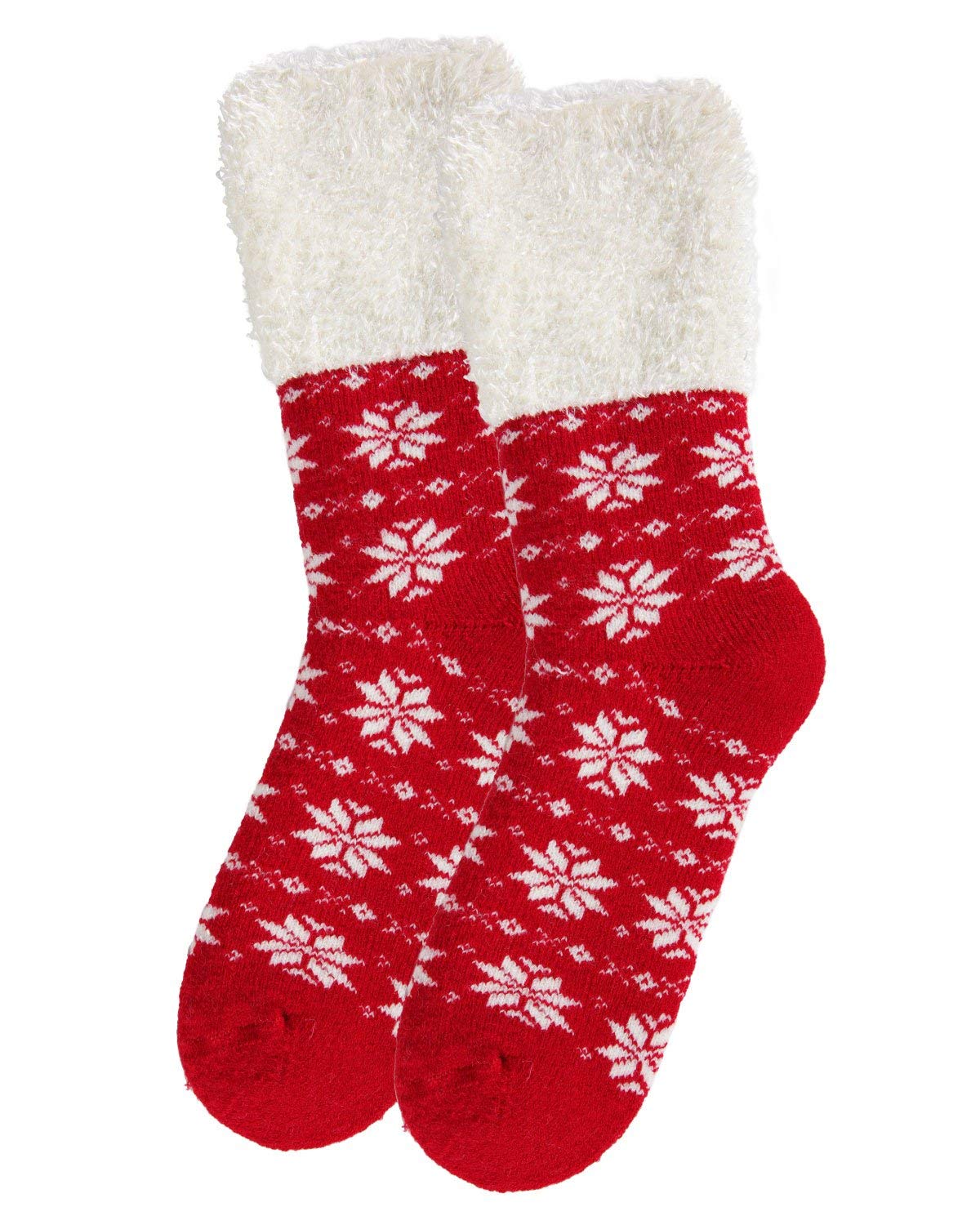 MeMoi Women's Snowflake Fair Isle Plush Cabin Socks - Cozy Winter Socks for Women, Soft Knit Slipper Socks with Non-Slip Grip - Perfect for Christmas, Home, Lounge & Cabin Wear