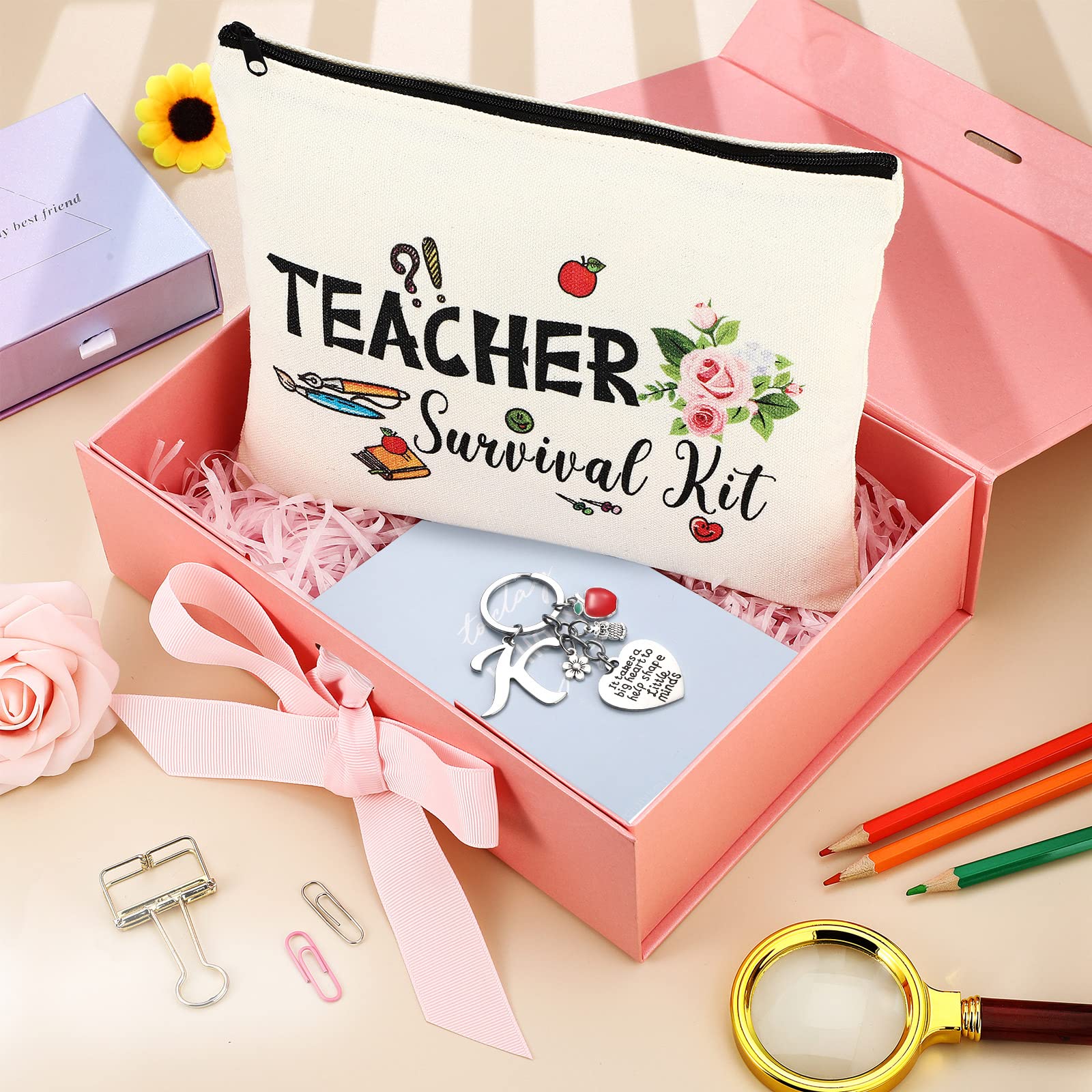 Personalized Teacher Appreciation Gift Set - Custom Initial Makeup Pouch & Survival Kit Bag with Keychain - Perfect Teacher Thank You Gift for Graduation 2025, End of Year, Back to School (K Style) - Ideal for Classroom, Teacher's Lounge & Special Occasions