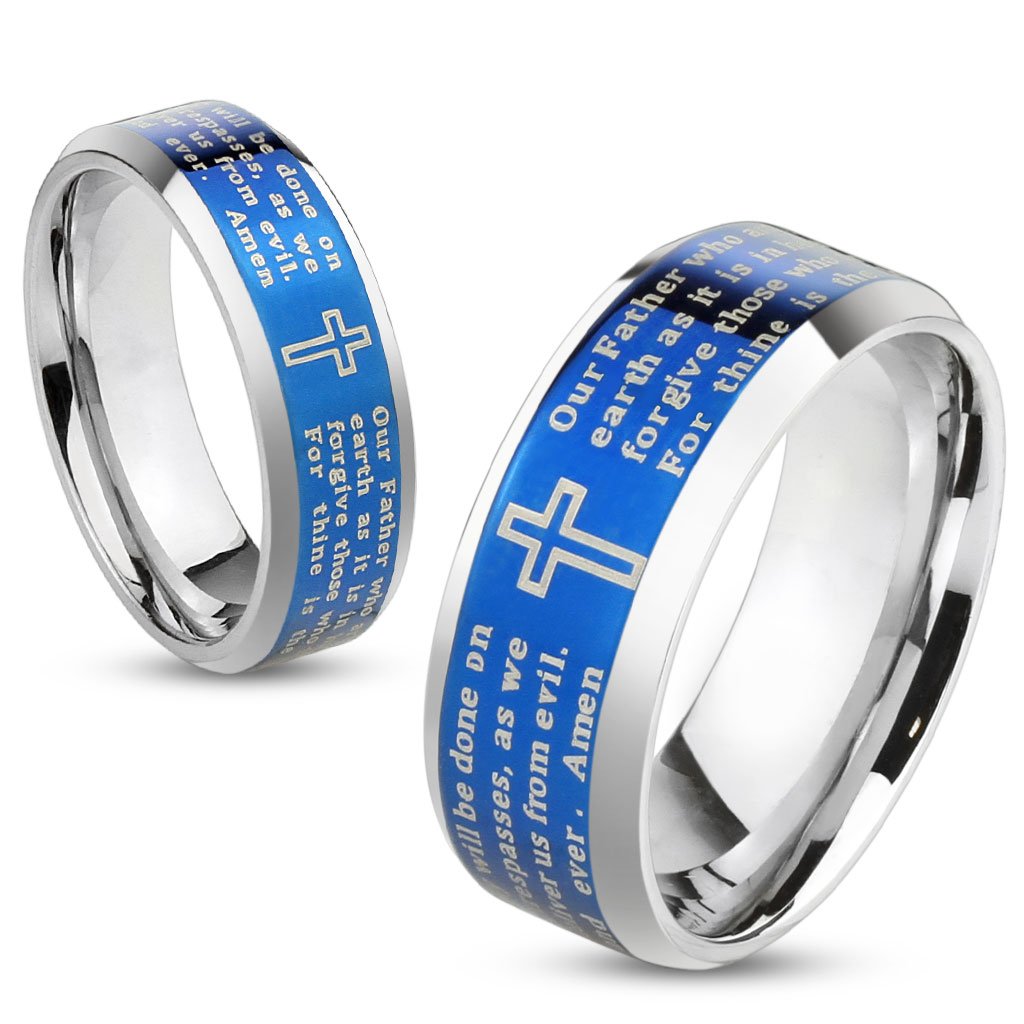 Jinique STR-0325 Stainless Steel Lord's Prayer Ring with Blue IP Beveled Edge - Religious Jewelry for Men & Women, Perfect for Daily Wear, Gifts & Faith-Based Occasions